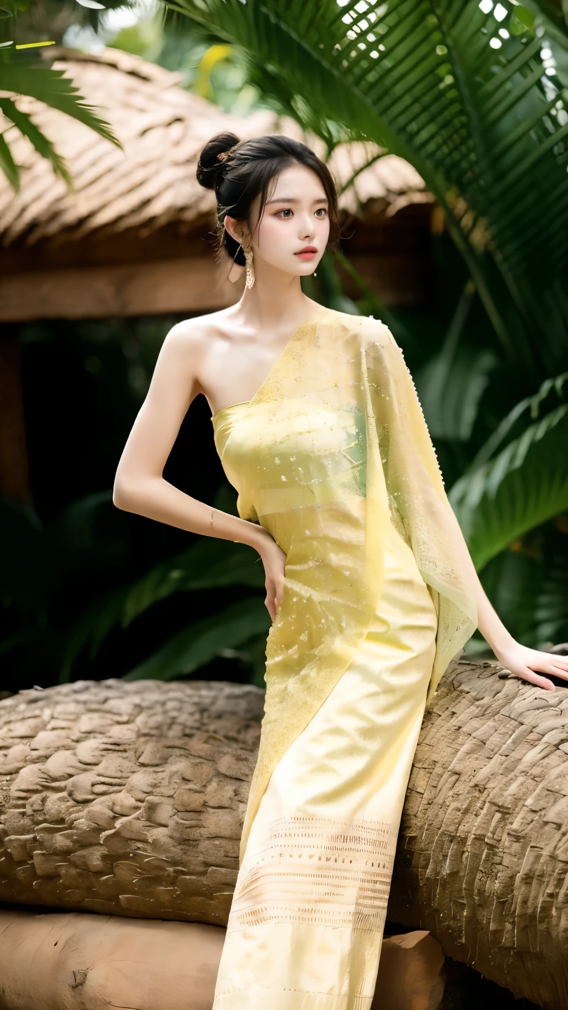 (masterpiece, best quality:1.2),1girl, bare shoulders, black hair, breasts,Wooden wall, bush,Dai ethnic skirt, earrings, flower, garden,Chinese Dai ethnic clothing,Diagonal draped light gauze skirt, strapless dress, grass, hair bun, jewelry, makeup, outdoors, plant, red lips, solo, standing