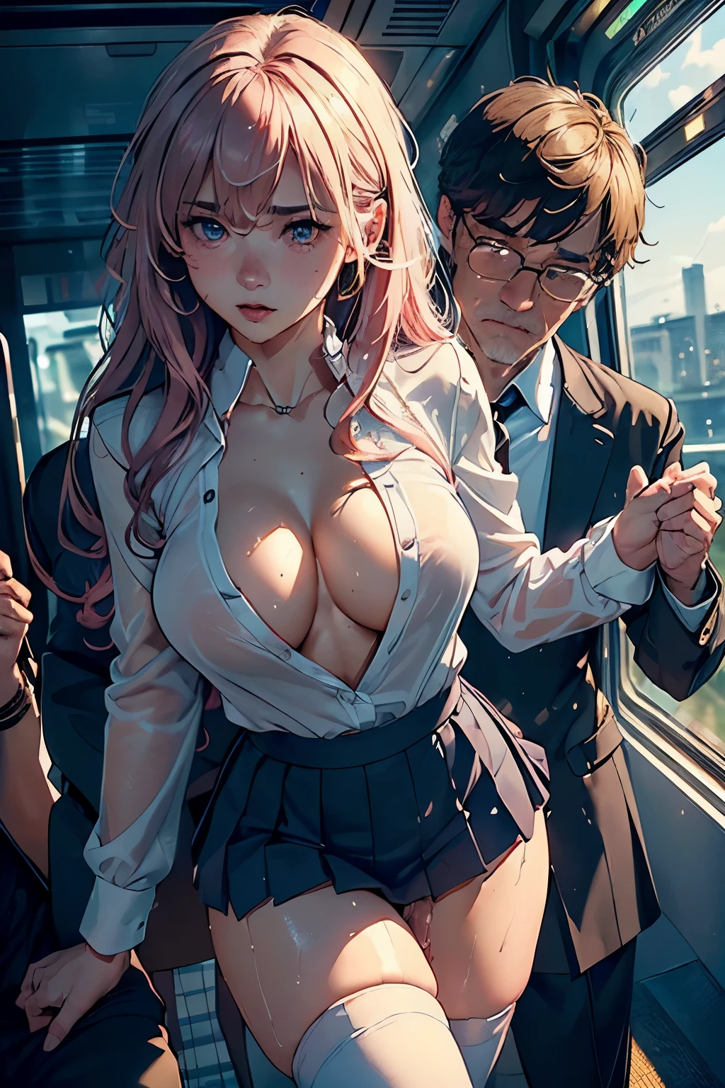 NSFW, (masterpiece, best quality, photo realistic:1.4), (shiny skin), (UHD, 8K wallpaper, High resolution), Perfect anatomy, Cinematic lighting, physically-based rendering, award-winning, extremely detailed skin, extra detailed face, eyes with beautiful details, Carl Zeiss 85 mm F/1.4, (((1man and 1girl, having sex from behind:1.3))), (top down bottom up, on the floor), very cute 16-year-old , (pink wavy semi-long hair and bangs, glasseedium breasts with cleavage, (wet white blouse unbuttoned, navy pleated skirt lift, black knee high socks, loafers:1.3, noseblush and naughty, drooling, looking at away:1.1), (1man: a handsome (old man), wearing recruit suit and (no expression):1.3), (in the train, moonlight), view from diagonally forward,