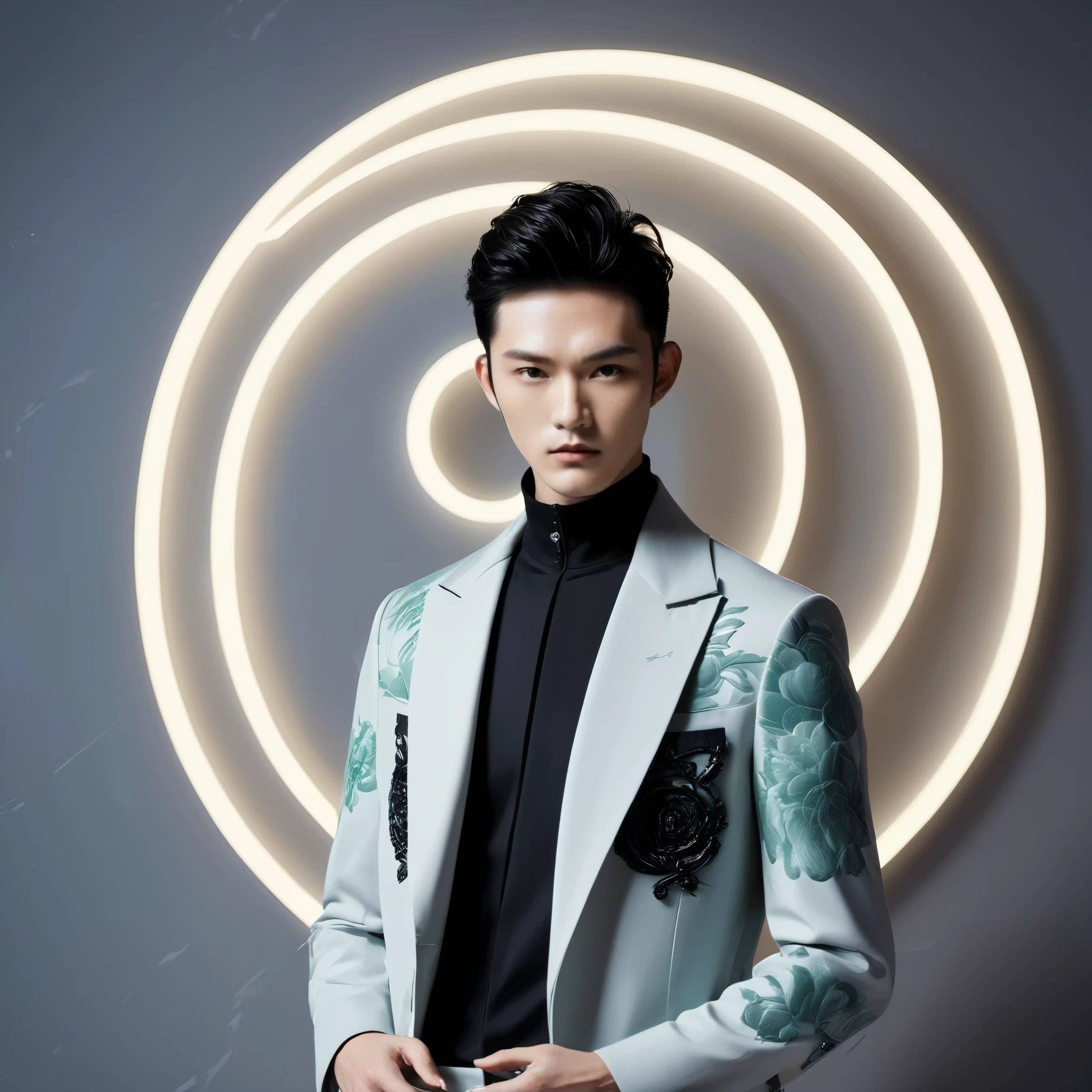 Paris Fashion Week，Chinese male model，Minimalist photography，LED backlight wall，style，gray background，Flash close-up，Exquisite facial features，perfect skin texture，Handsome face，多样style穿搭，black hair，Actor style，壁炉style，jade statue feel，Ink painting mood，Full body display，facial close-up，ultra wide angle lens，Detail texture，artistic treatment。

