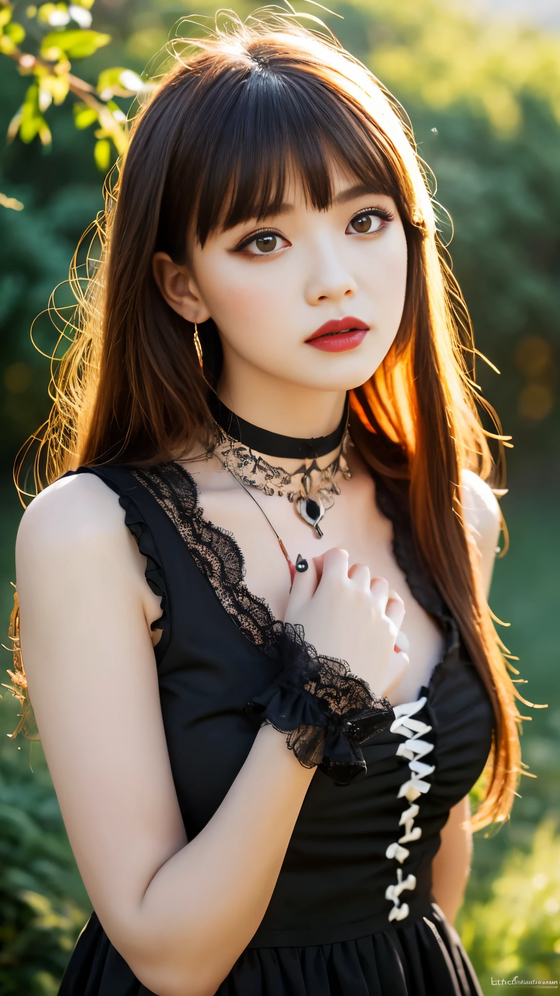 (masterpiece:1.2), (highest quality:1.2), perfect eyes, perfect face, perfect lighting, 1 girl, Mature female goth gal standing with both hands out in front of her, long hair, complicated hairstyle, compensate, black lips, thick eyelashes, sad, melancholy, wearing a goth girl costume, black and white dress, frills, ribbon, plump sleeves, bare shoulders, lace choker, jewelry, peaceful, quiet, Chill, detailed outdoor background, beautiful scenery, fantasy, summer, Sunny, sunburned, flowers, wood