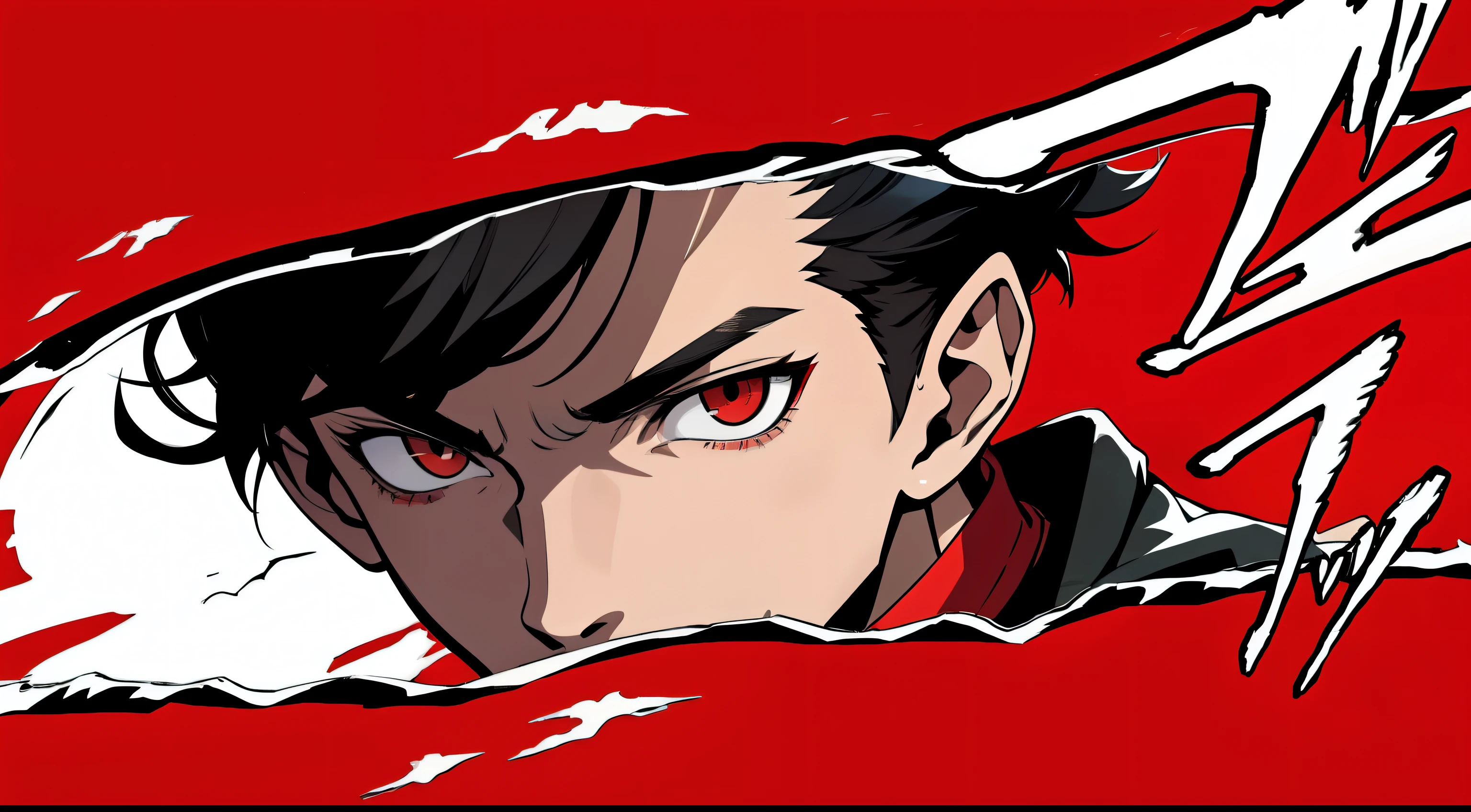 masterpiece, best quality, simple background, finely detailed, 1boy, black hair, red eyes, grey jacket, red t-shirt, Face focus, Persona 5 Art Style, {red streaked hair, messy hair, zarya haircut}