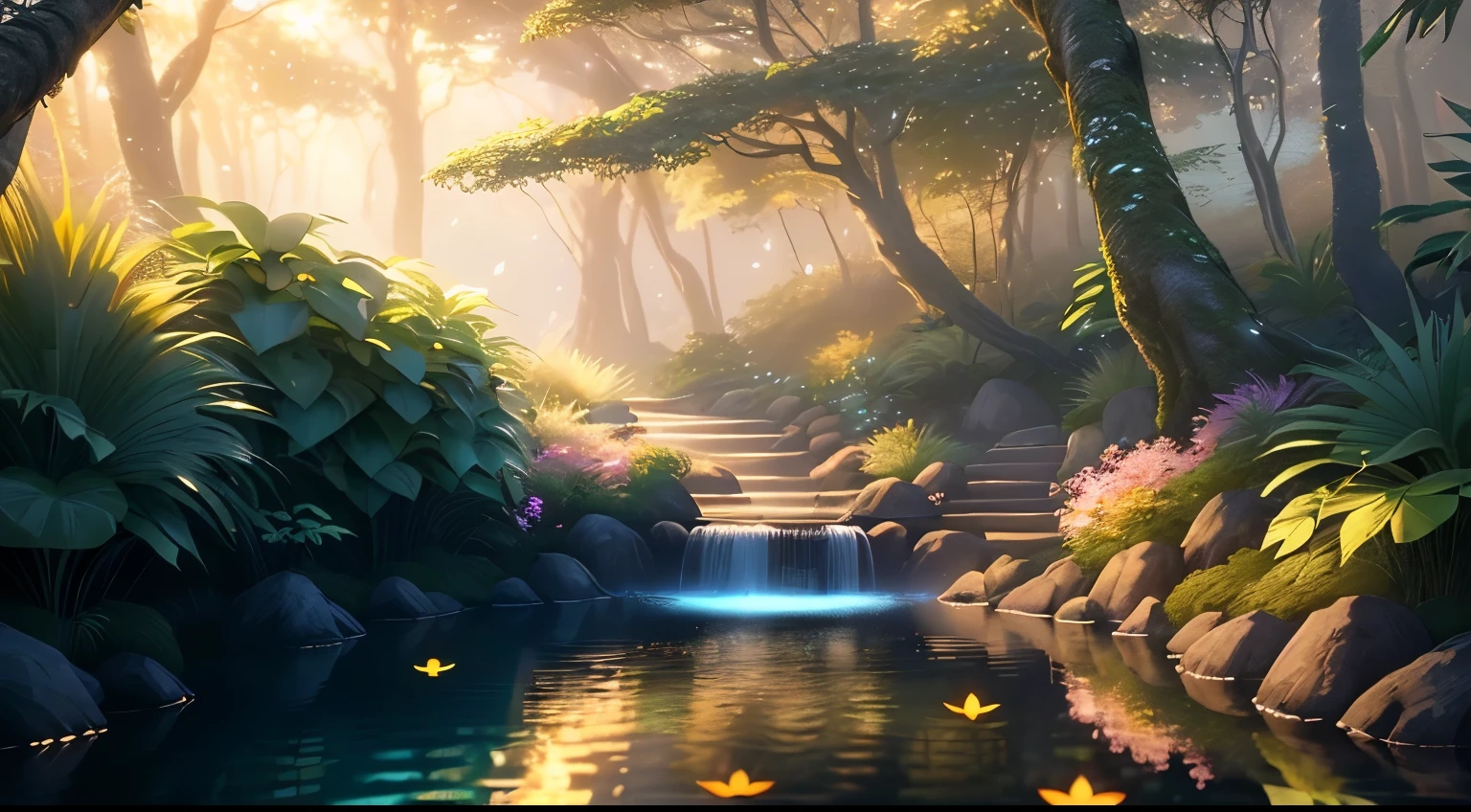 masterpiece, highest quality, (Highly detailed CG Unity 8K wallpaper), (highest quality), (best illustrations), (best shadow), glow sprite, With the shining deer, drinking water in the swimming pool, natureの要素 in the forest theme. mysterious forest, beautiful forest, nature, surrounded by flowers, delicate leaf and branches surrounded by fire Fly (natureの要素), (jungle theme), (leaf), (twig), (fire Fly), (particle effects) wait. 3D , octane rendering, ray tracing, Super detailed,