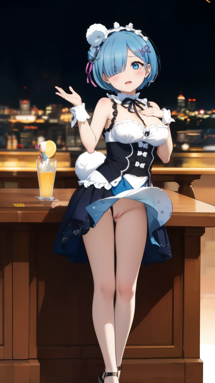 Rem from Re:Zero、light blue hair、short hair、table top、High resolution、many girls multiple girls、large crowd、lots of cute girls、big and full breasts、naughty body、See-through、throw、、whole body、Are standing、Look up at me、confused face、blush、embarrassing、Excited、white breath、black pantyhose、female shape&#39;Private parts are clearly visible、I can see your nipples、BAR、bar counter、Many people々々々々、in the crowd、bare chest、show your chest、Upper grade、A lot of milk comes out from the nipples、Breast milk gushes from the nipple、Bunny girl、gossiper、rabbit ears、Leotard figure、Bangs that cover one eye、pink hairpin、sit on the bed、black high heels、open your legs、open thighs、emphasize the chest、chest to chest、night viewが見える部屋、night view、