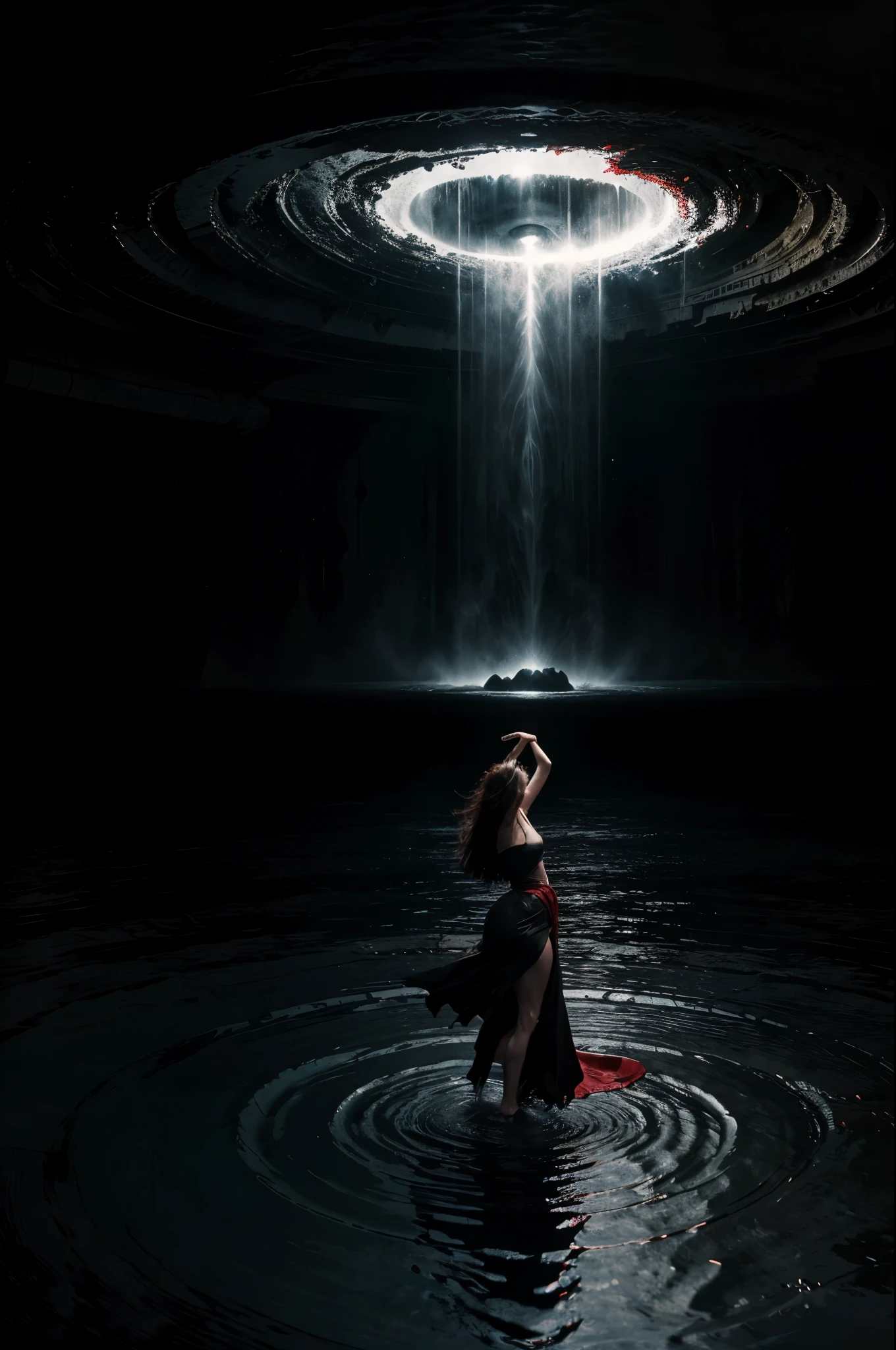 woman dancing in the black hole, splashing, ripples. on black canvas in the style of guillem h. pongiluppi, abigail larson, ominous landscapes, john sloane, black, light gray and red, energy-filled illustrations 