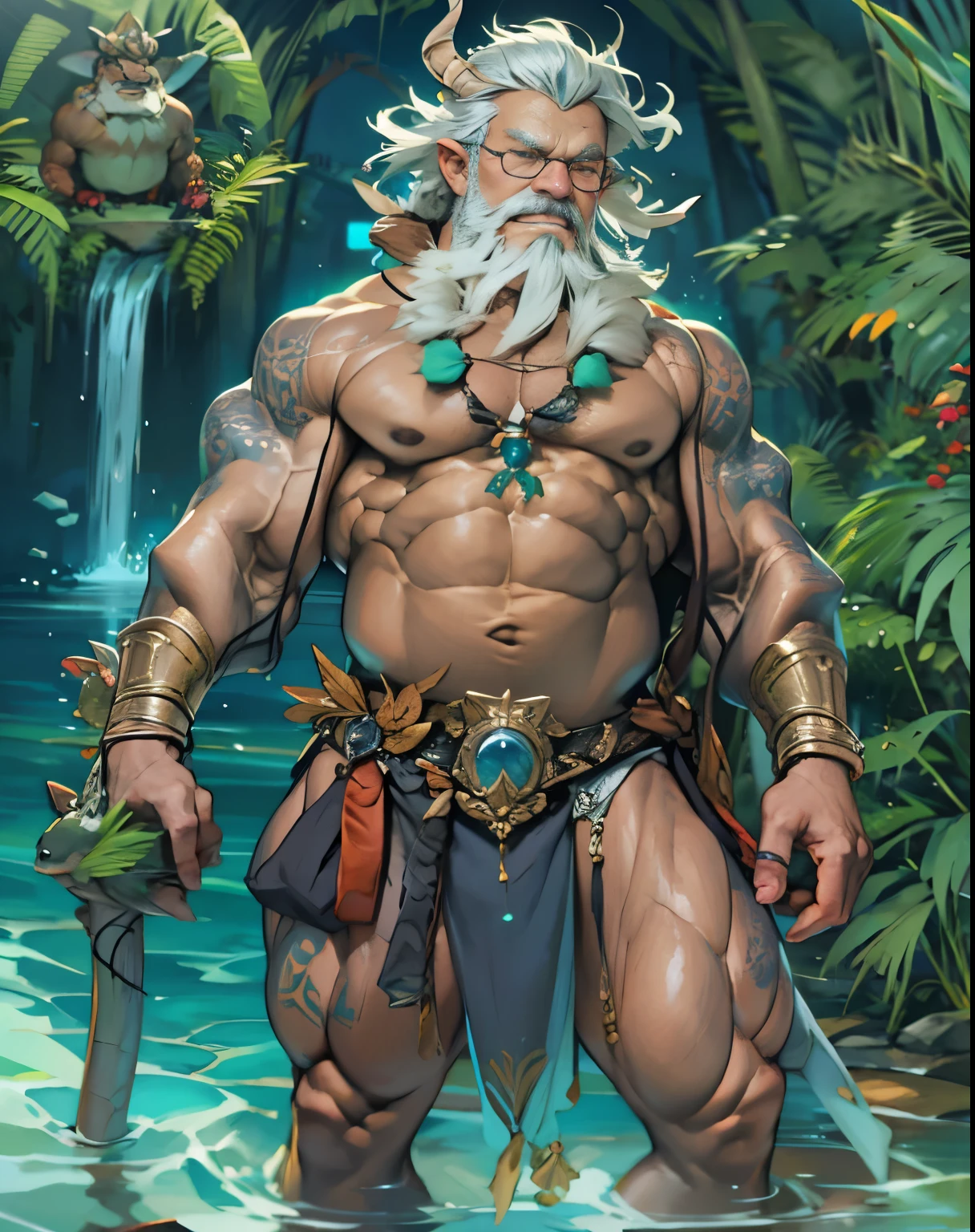 Powerful old warrior(king Triton), upper torso unveiled, lower body uncovered from thighs to feet, decorated with a beaded beard, wearing a  teal thong, latex, big bulging crotch, crotch in focus, almost nude, revealing armor, oiled up muscles, cascading long white curls, white beard, black eyebrows, tattoos on arms, meticulous muscle definition, lifelike depiction, 4K resolution. Background: Mythical fantasy landscape(beach) ,32k uhd, best quality, masterpiece, super detail, high details, almost naked, micro loincloth, hipster glasses, full body visible, crotch in focus, big bulging crotch, 