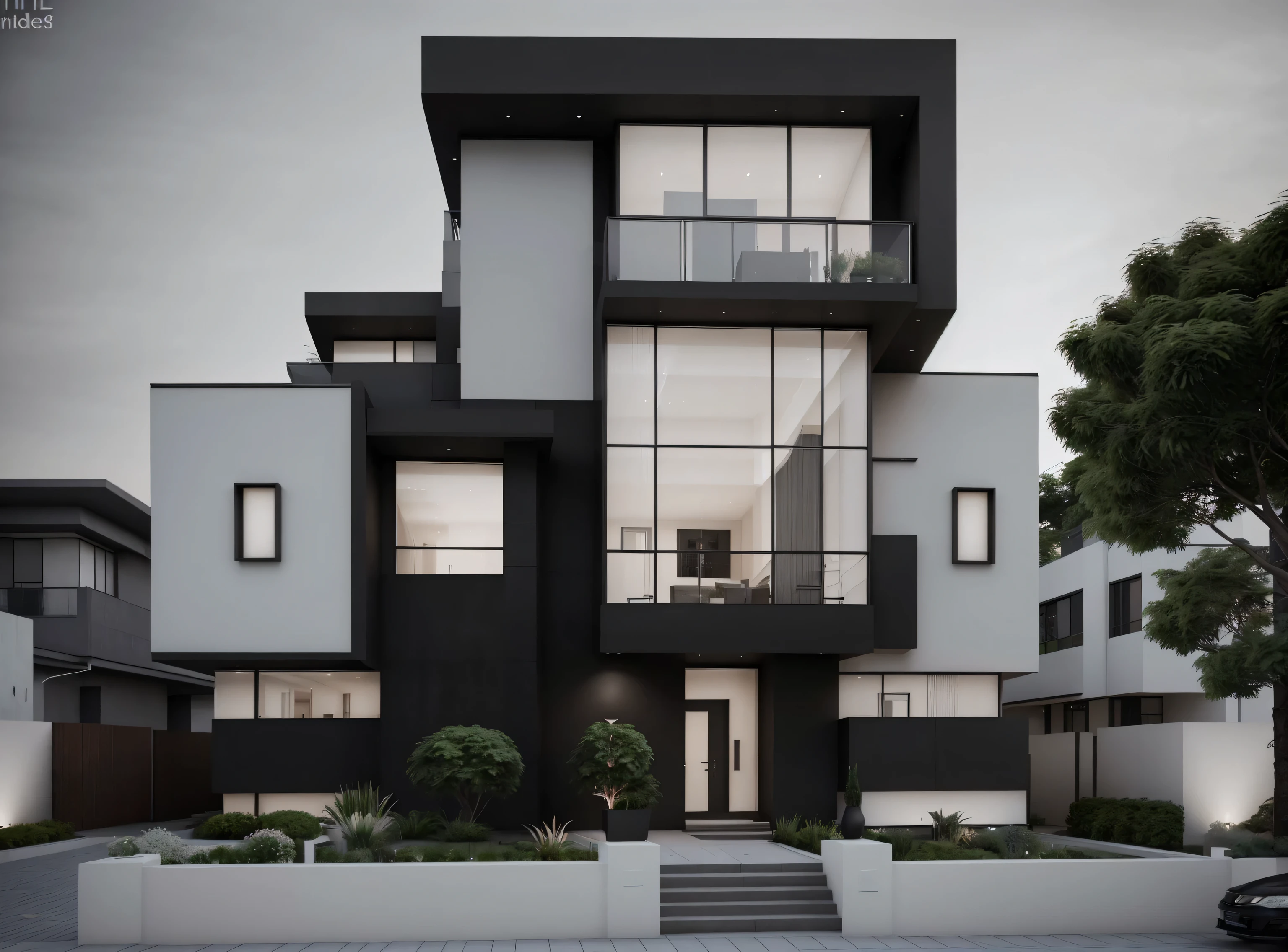 a rendering of a modern house with a black and white exterior, award winning modern design, modern architecture design, overall architectural design, dark and modern, award-winning contemporary, contemporary masterpiece, ultra-modern, neotraditional modern, large modern residence, bold architecture, award winning render, award-winning render, contemporary house, exterior design, contemporary architecture, exquisite architecture, luxury architecture, 3 floors office modern house, Dark color, some glasses balconies at first floor and second floor, the house's dimension is 18*20*10m, the house in the Industry park, 3d smart Render, garden, sunlight, the camera's angle is 45 degree at the house's corner, Good Render software