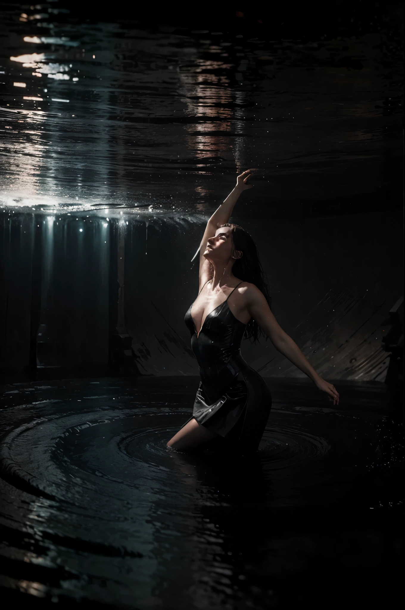 woman dancing in the black hole, splashing, ripples. on black canvas in the style of guillem h. pongiluppi, abigail larson, ominous landscapes, john sloane, black, light gray and red, energy-filled illustrations