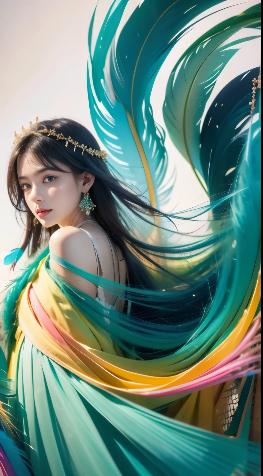 1 美New女の子,(earrings feather:1.2),(master piece, quality, Best quality at best, official art, 美しくて美New:1.2),非常に詳New,(fractal art:1.1),(colorful:1.1),feather background,full body shot.real,god々New,Encounter with the unknown,nice face,Calm expression,beautiful face,