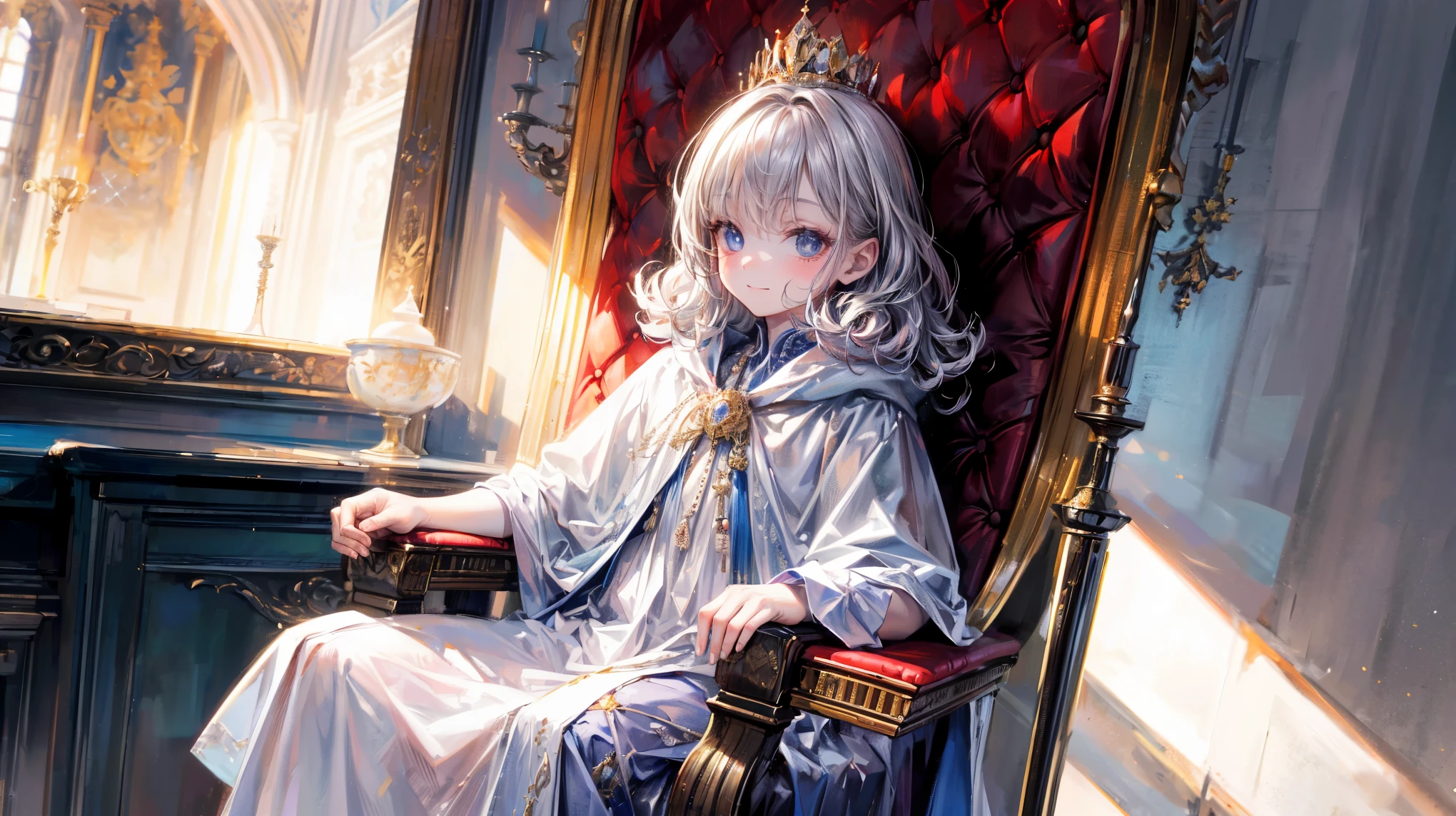 (best quality,4k,8k,highres,masterpiece:1.2),ultra-detailed,(realistic,photorealistic,photo-realistic:1.37), (solo), A cute very  (boy:1.2) wearing a white cloak and a (very long silk long dress:1.1), (prince), (best wrinkle, best shadow), (White long stockings), soft curly hair, sparkling eyes, (curious sparkling eyes, innocent smile, cheeks rosy with happiness), dainty silver crown on his head, (Sitting on an exquisite and solemn throne), In the magnificent palace, bathed in warm golden sunlight, creating a dreamy and magical atmosphere.