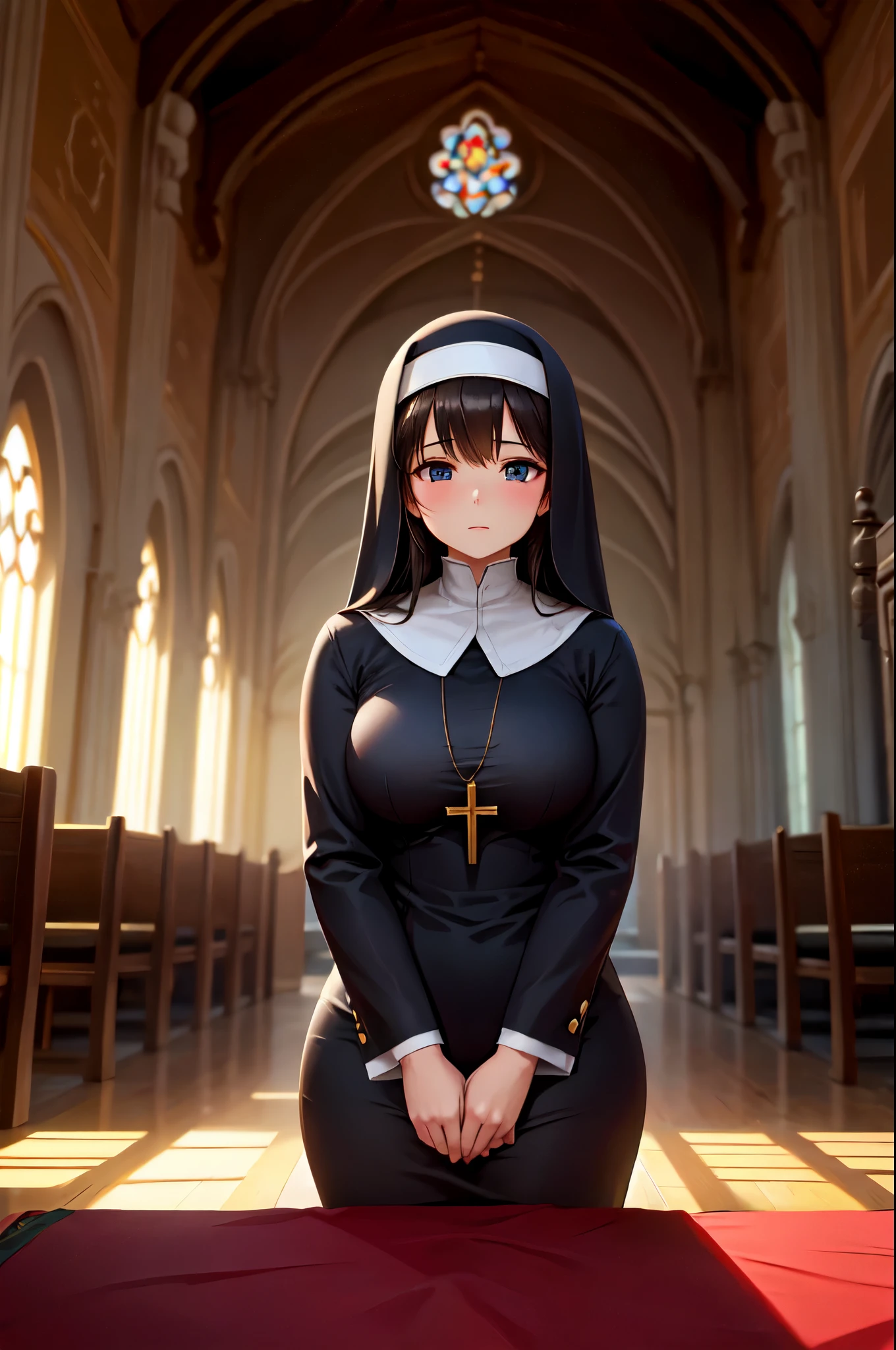 (High quality, High resolution, Fine details), BREAK (Black nuns), BREAK old church interior, stained glass windows, soft sunlight streaming in, subtle shadows, transcendent aura, ethereal beauty, divine light, tranquil and meditative, solo, curvy women, sparkling eyes, (Detailed eyes:1.2), shallow depth of field
