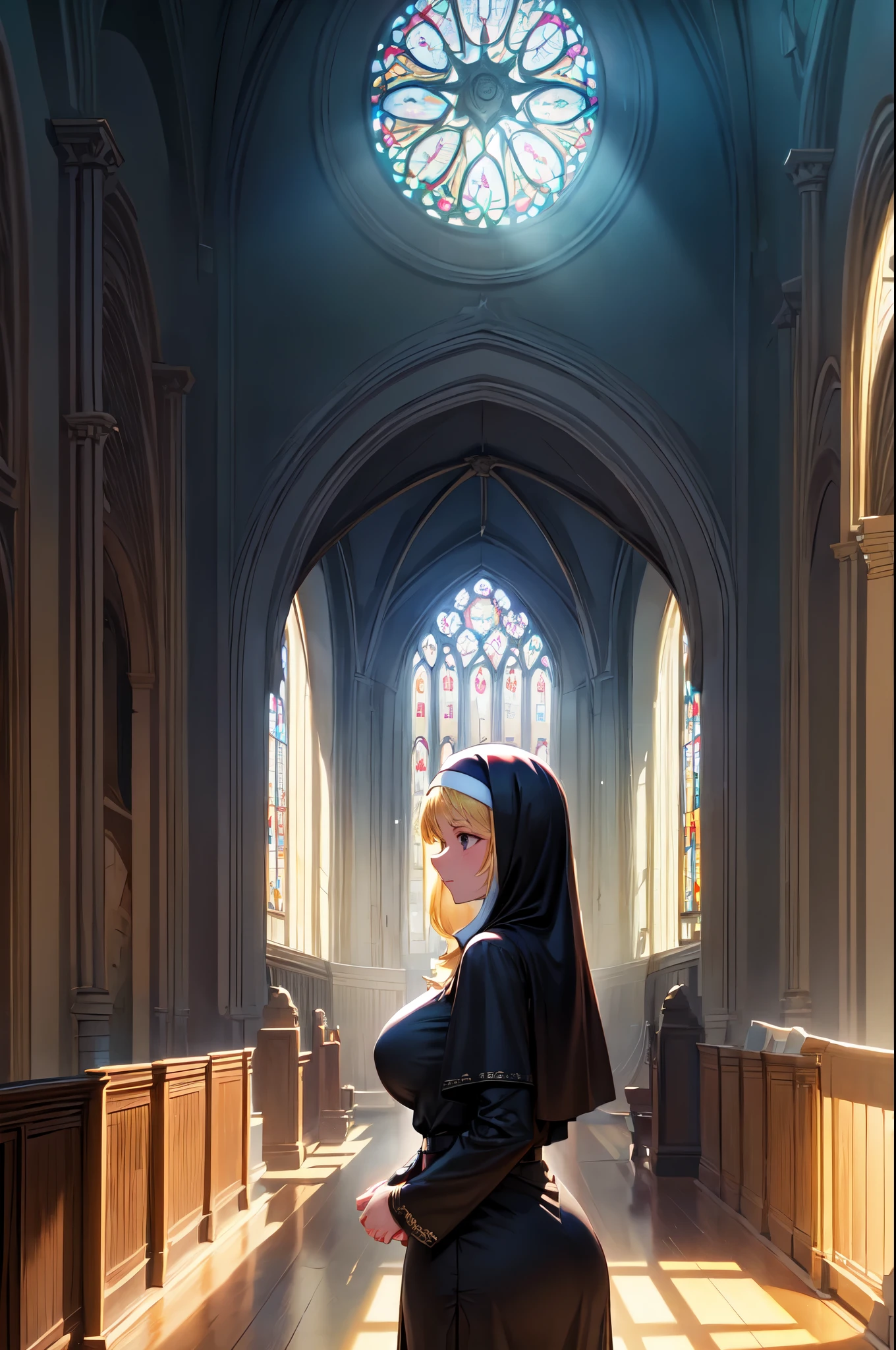 (High quality, High resolution, Fine details), BREAK (Black nuns), BREAK old church interior, stained glass windows, soft sunlight streaming in, subtle shadows, transcendent aura, ethereal beauty, divine light, tranquil and meditative, solo, curvy women, blond hair, sparkling eyes, (Detailed eyes:1.2), shallow depth of field