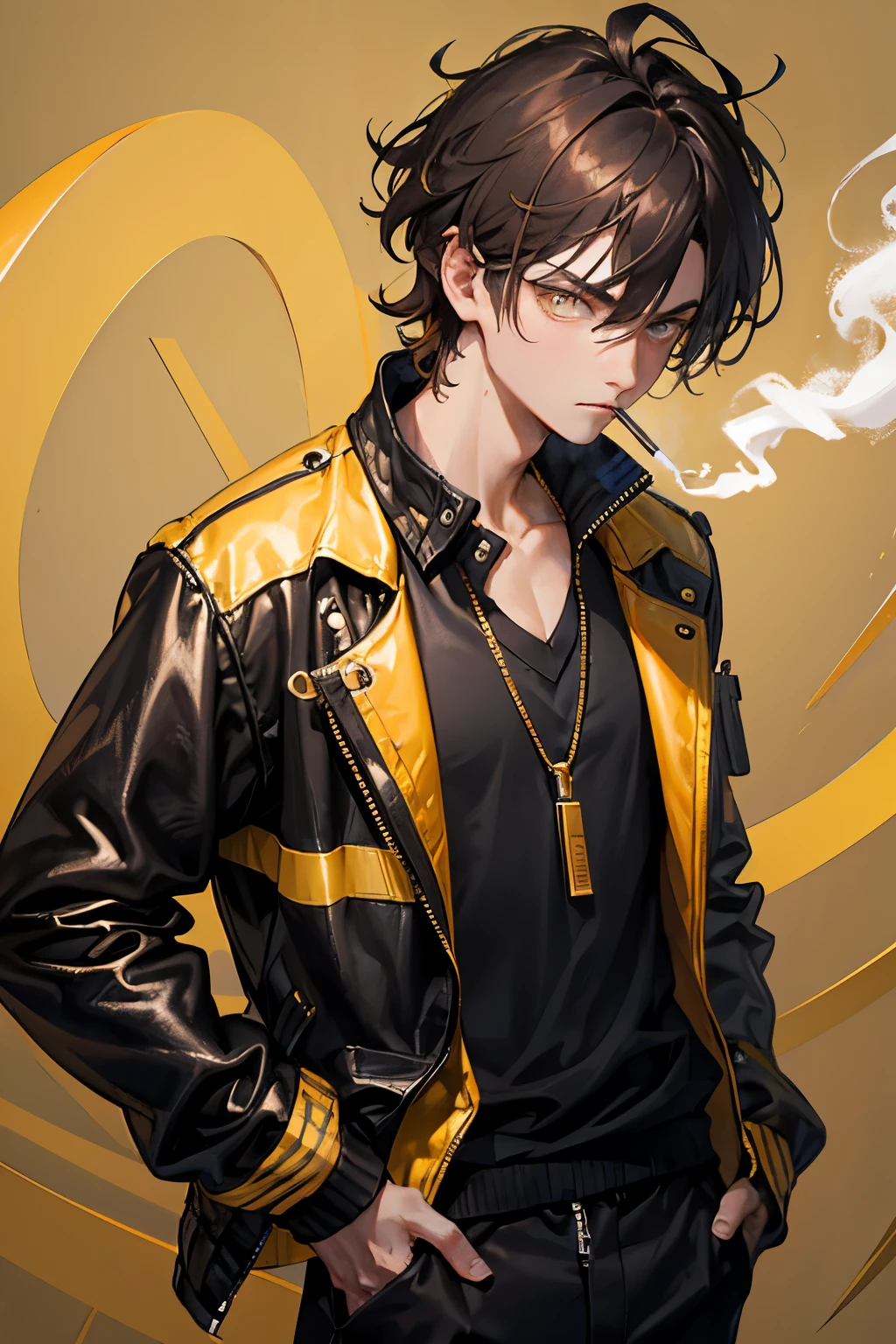 1boy, male, mid-20s, brown hair, messy hair, gold eyes, eye bags, black and gold jacket, sporty jacket, black shirt, v-neck, smoking a cigarette, glaring, fully body, goth