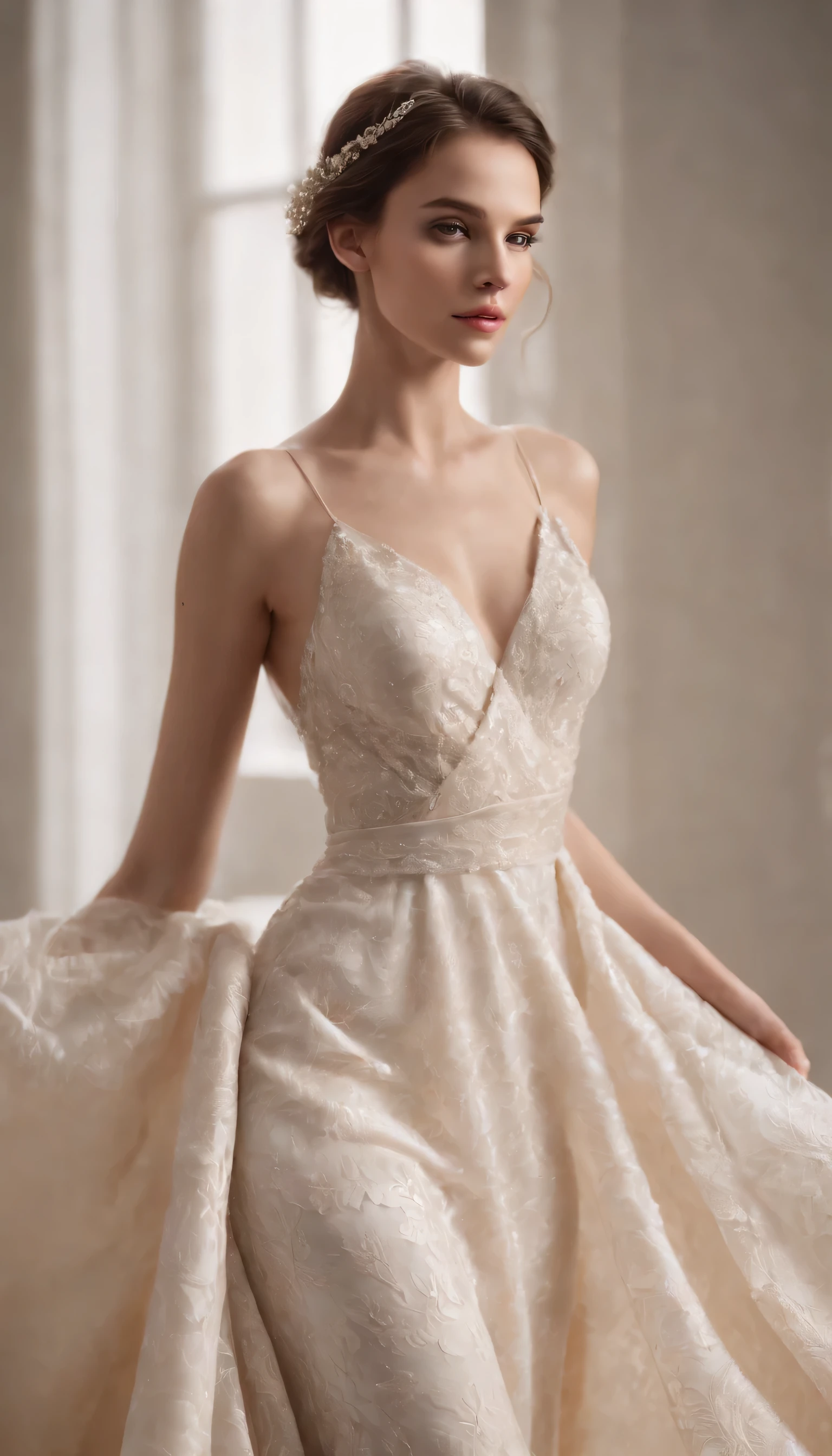 Genera una imagen majestuosa de una diosa de aspecto divino, rodeada de un aura de poder y gracia, emanating wisdom and strength around you. Su ropa es de color blanco celeste.