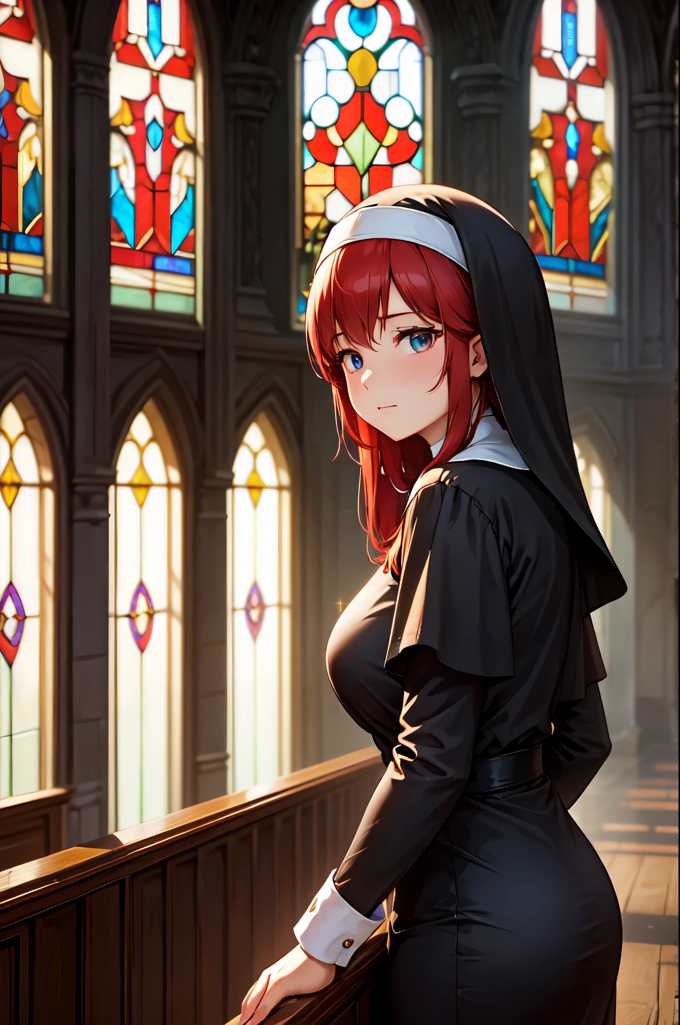 (High quality, High resolution, Fine details), BREAK (Black nuns), BREAK old church interior, stained glass windows, soft sunlight streaming in, subtle shadows, transcendent aura, ethereal beauty, divine light, tranquil and meditative, solo, curvy women, red hair, sparkling eyes, (Detailed eyes:1.2), shallow depth of field