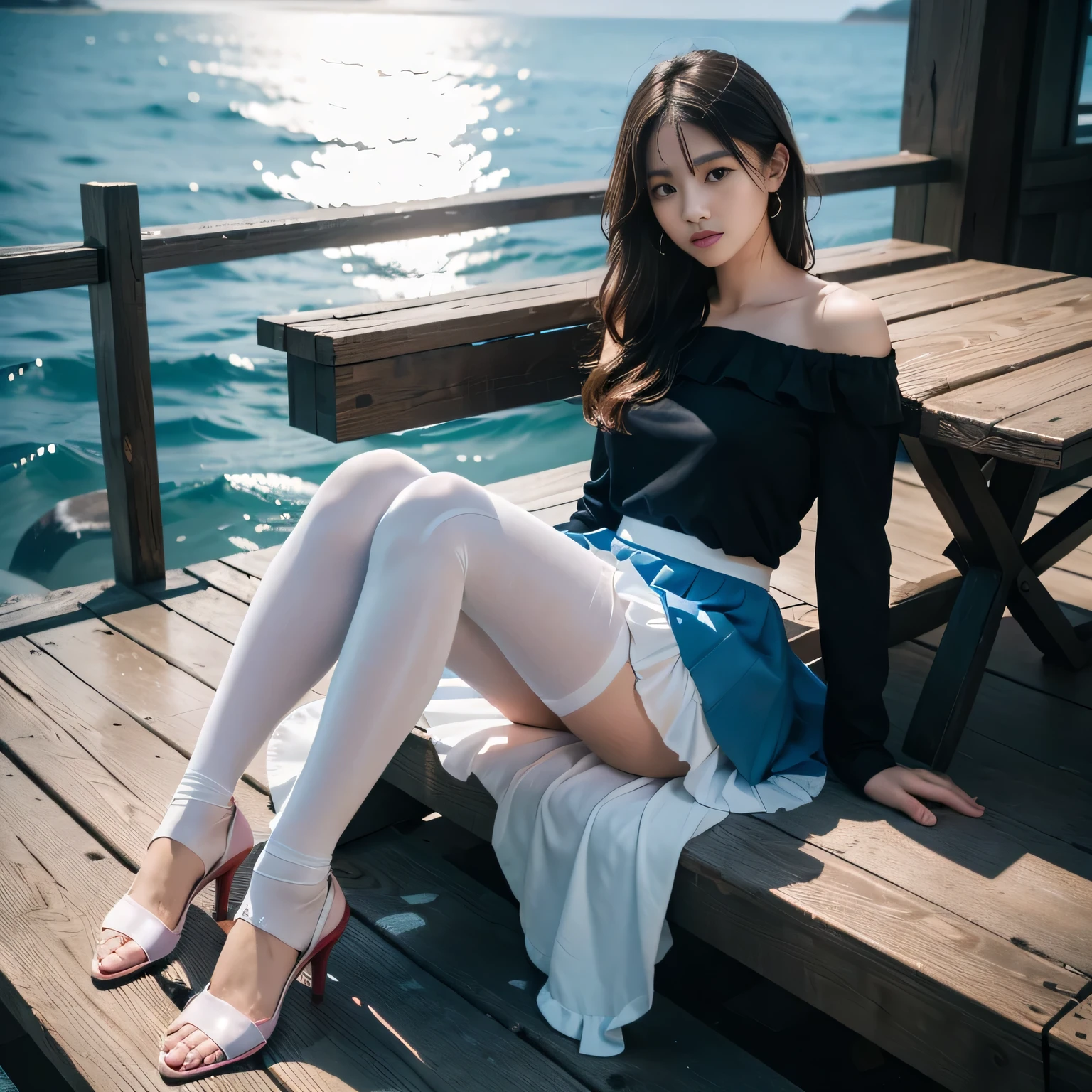 (full body:1.5)，(1 girl:1.3),(show viewer:1.4)，(correct anatomy:1.3),(Sitting in the sea:1.2),(Blue ruffled skirt :1.2),
break,{{white off shoulder}},
break,{{((pantyhose):1.3:pink)}},
break,( The girl pointed out the thick heels :1.1 red)，(accurate and perfect face:1.3),hyper hd, ray tracing, reflected light， structurally correct, award-winning, high detail, Brighten the contrast of shadows, face lighting ，cinematic lighting, table top, Super detailed, high quality, high detail, 最high quality, 16k，high contrast,