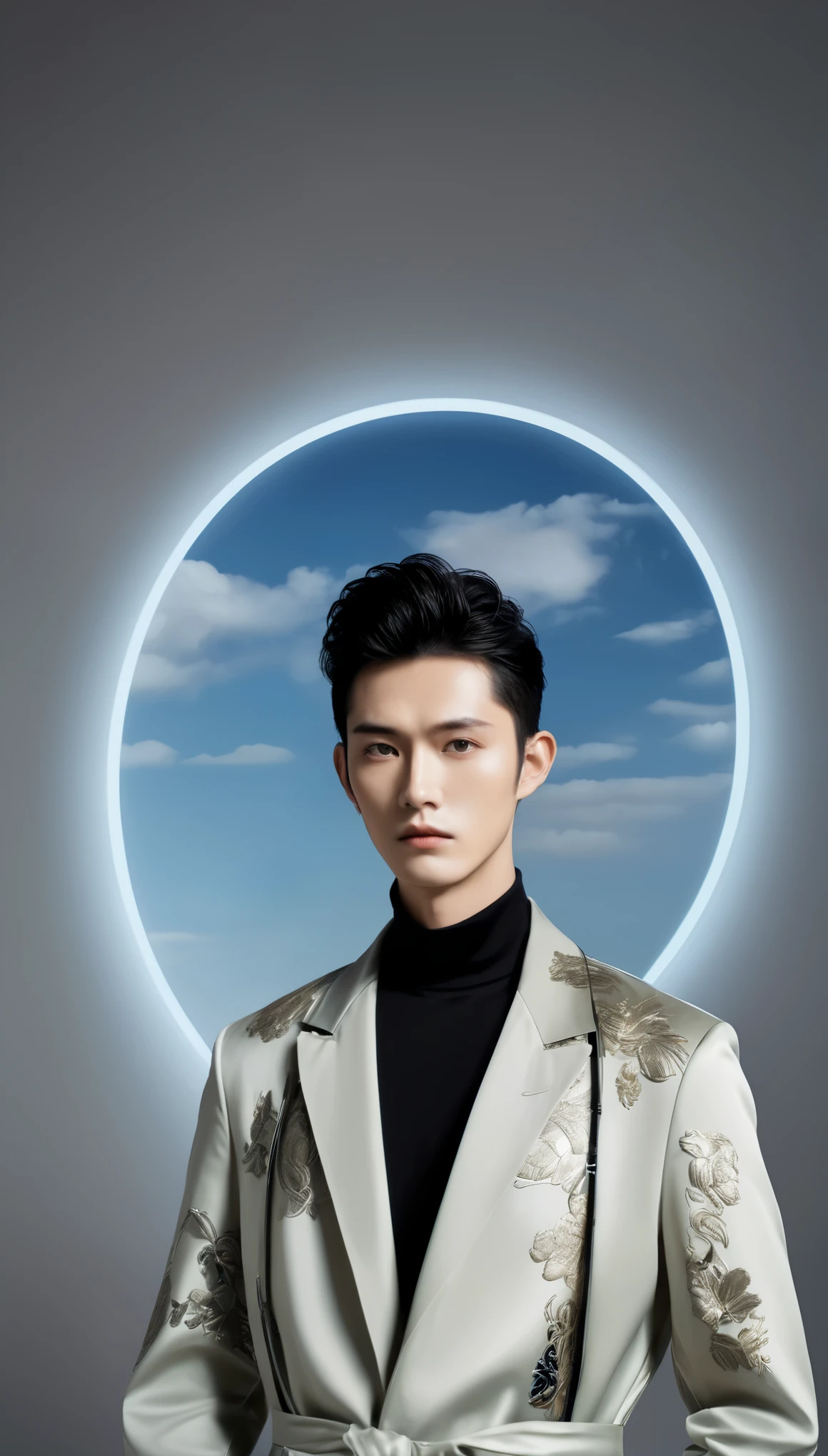 Paris Fashion Week，Chinese male model，Minimalist photography，LED backlight wall，style，gray background，Flash close-up，Exquisite facial features，perfect skin texture，Handsome face，多样style穿搭，black hair，Actor style，壁炉style，jade statue feel，Ink painting mood，Full body display，facial close-up，ultra wide angle lens，Detail texture，artistic treatment。

