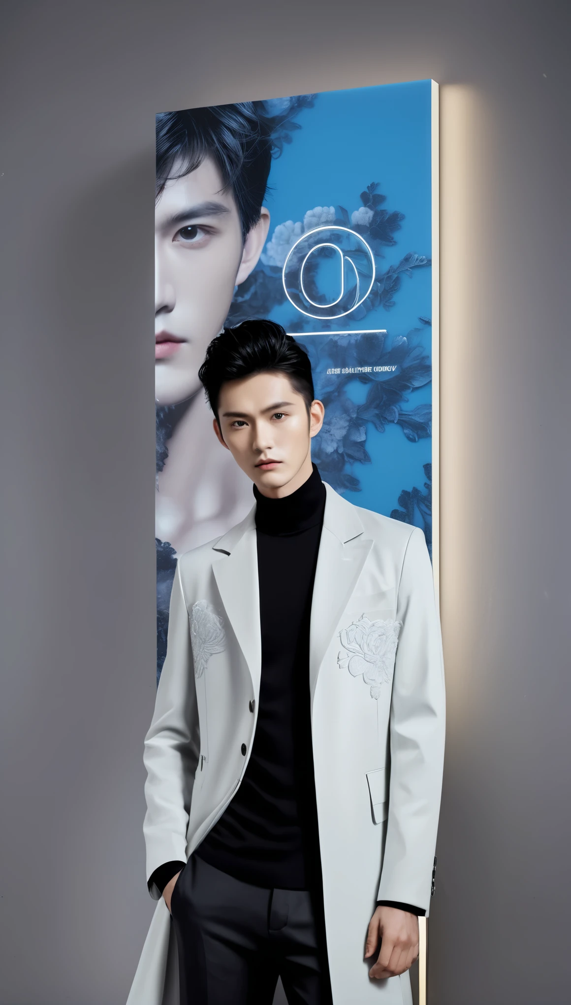 Paris Fashion Week，Chinese male model，Minimalist photography，LED backlight wall，style，gray background，Flash close-up，Exquisite facial features，perfect skin texture，Handsome face，多样style穿搭，black hair，Actor style，壁炉style，jade statue feel，Ink painting mood，Full body display，facial close-up，ultra wide angle lens，Detail texture，artistic treatment。

