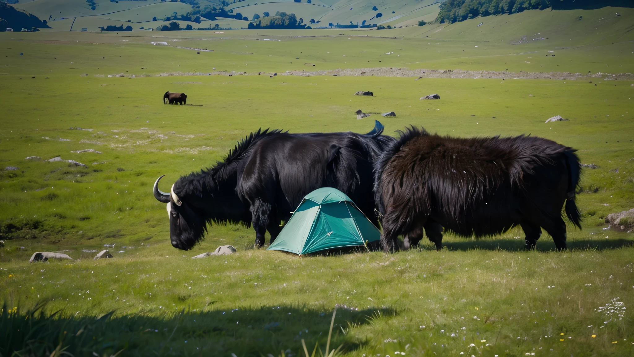 Grassland rich in water and grass，A herdsman&#39;s tent，a black yak