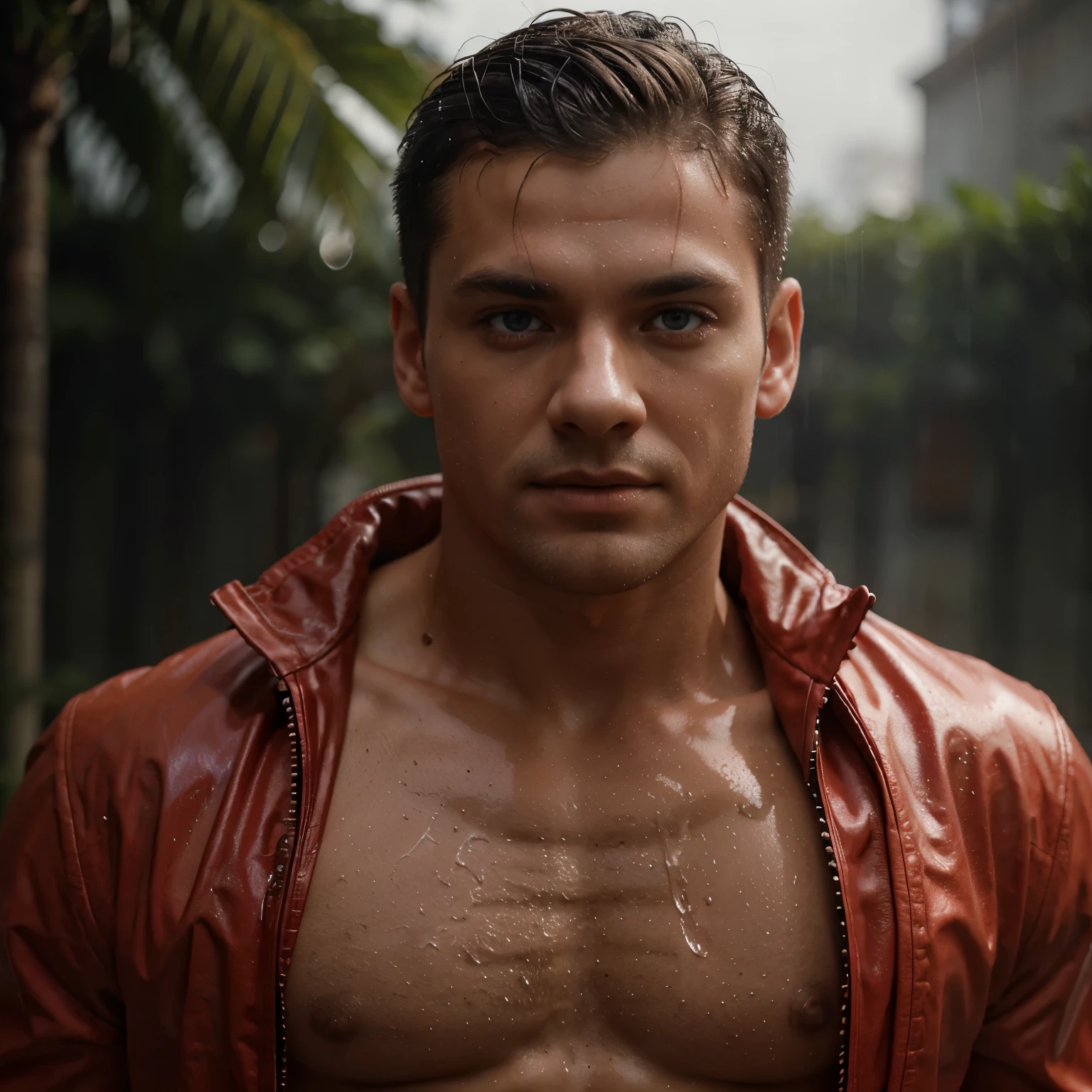 1boy,red background,absurdres,masterpiece,highres,intricately detailed,a gay man,sexy,muscular,strutting outdoors,gorgeous eyes,detailed face,pouring rain,outdoors,global illumination,subsurface scattering,