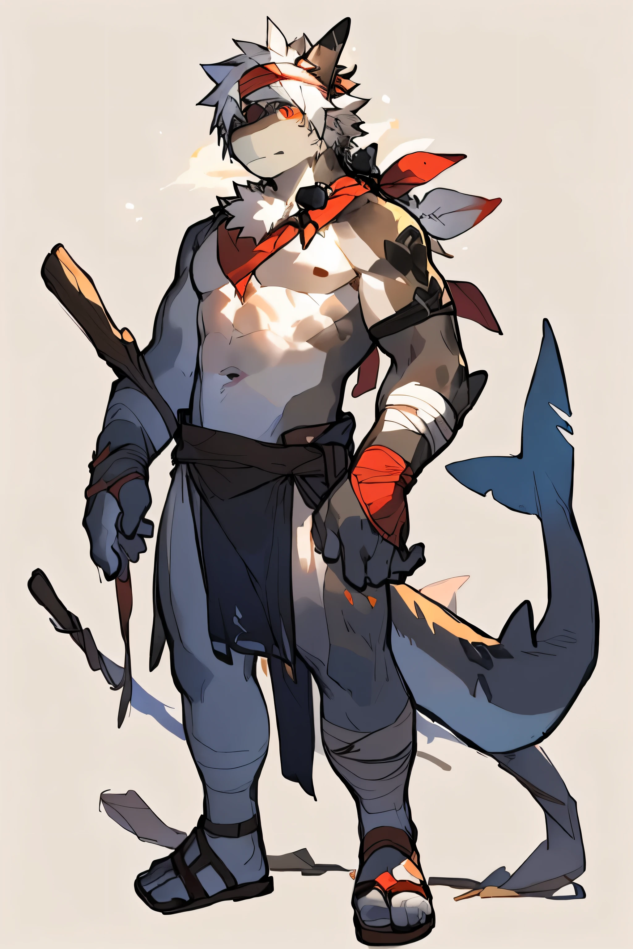 author: Ruhu 1145, shark，male，best quality，perfect anatomy，naked，Wear only loincloths，whole body，personal，barefoot，men，aldult，gray body，abdominal muscles，chest muscles，Tail，scarf， white hair，Put your hands behind you，tribal tattoo，dorsal fin，sandals，bandage，juvenile，tilt，hanged