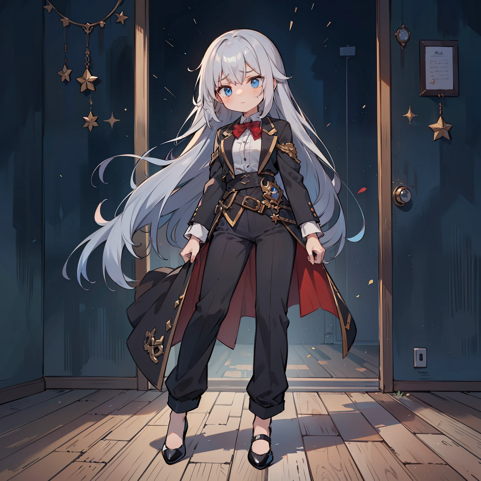 (long silver hair girl),((looking troubled)),(Pants style with tuxedo),blue eyes,Have a sleepy face, Full body Esbian,(((a bit))),(alone),(best image quality, In 8K, masterpiece, Super detailed),