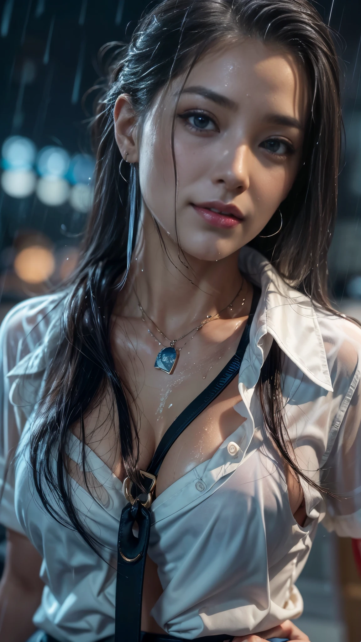 (RAW shooting, Photoreal:1.5, 8K, highest quality, masterpiece, ultra high resolution), perfect dynamic composition:1.2, street corner at night, look up at the sky:1.3, (((Typhoon heavy rain))), Highly detailed skin and facial textures:1.2, Slim office lady wet in the rain:1.3, sexy beauty:1.1, perfect style:1.2, beautiful and aesthetic:1.1, Fair skin, very beautiful face, water droplets on the skin, (rain drips all over my body:1.2, wet body, wet hair:1.4, wet office skirt:1.2, wet office lady uniform:1.3), belt, (Medium chest, Bra is sheer, Chest gap), (look of resignation, embarrassing smile, The expression on your face when you feel intense caress, Facial expression when feeling pleasure), (beautiful blue eyes, Eyes that feel beautiful eros:0.8), (Too erotic:0.9, Bewitching:0.9), cowboy shot, Shoulder bag, necklace, earrings, bracelet, clock