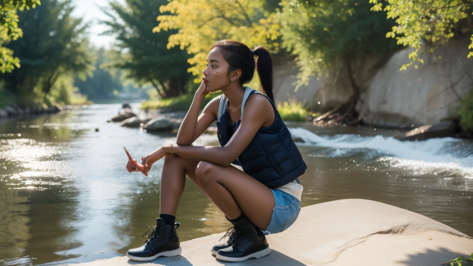 (masterpiece, best quality), (biting vest), dark ebony 1girl, Immature face, Kimberley_jackson, Feel free to tie your hair in a ponytail, （Slender legs），Stand by the river，