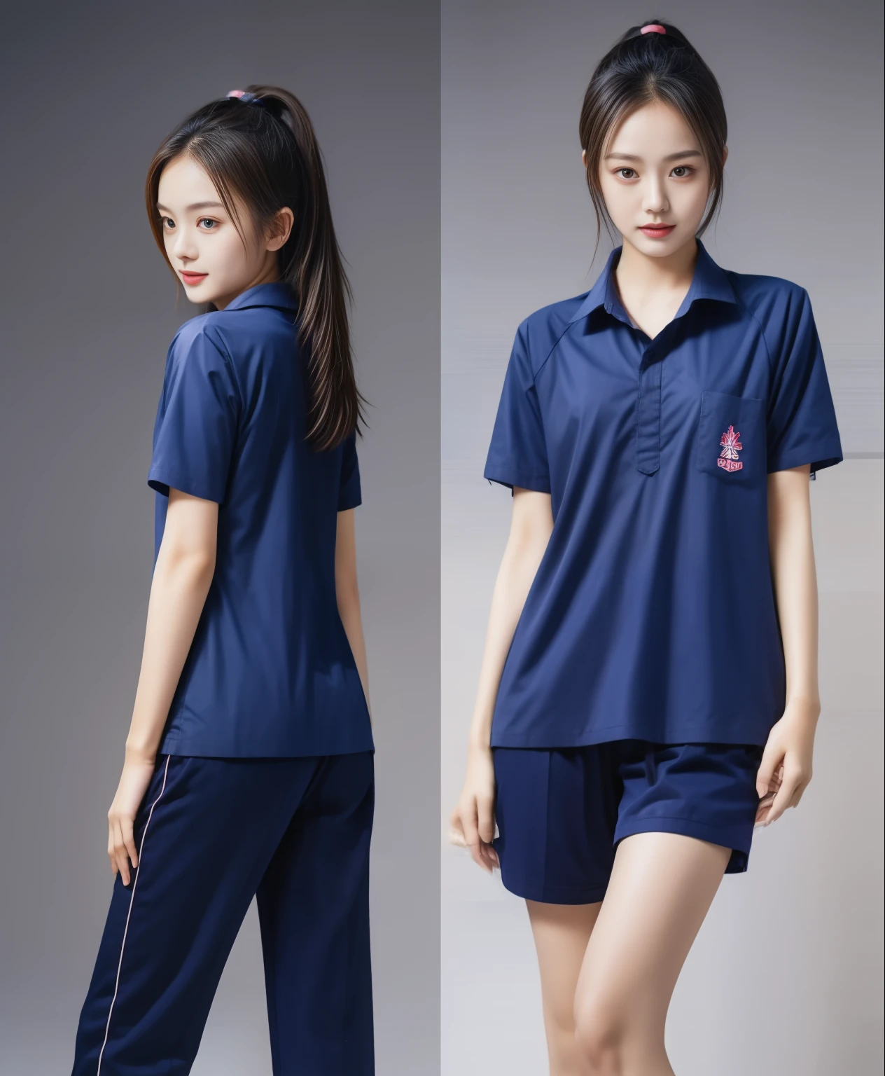 (best quality,10,10,height,Masterpiece:1.2),Special details,(realistic,ภาพrealistic,Realistic photos:1.37),1 Cute girl in the kitchen,shiny, ผิวshiny,only,smile softly,BDclothelue shirt:1.3)),short sleeve,shirt, กางเกงขาlong.,(navy_long_track pants:1.1), ((Kitchen Background)),Dynamic angle,excited,Face focus,dynamic poses,from behind,focus on ass,Masterpiece, best quality, ultra realistic, Too many details, 8k resolution, raw photos, Sharp focus, ((Navy blue shirt:1.1)), short sleeve, เส้นทางlong, perfect body, 2 mature women, 18 years old, Cinema-grade lighting system,blue sweatpants,shirtผ้าออกกำลังกาย,correct anatomy,perfect body, correct body, Sharp face, correct bodyทางกายวิภาค, full body, realistic gestures, long-haired, realistic poses,Wear long shorts...........................,ช่วงขาlong,Good shape,carved girl, Slender figure, model, Good shape, beautiful body,blue sweatpants, two girls kissing