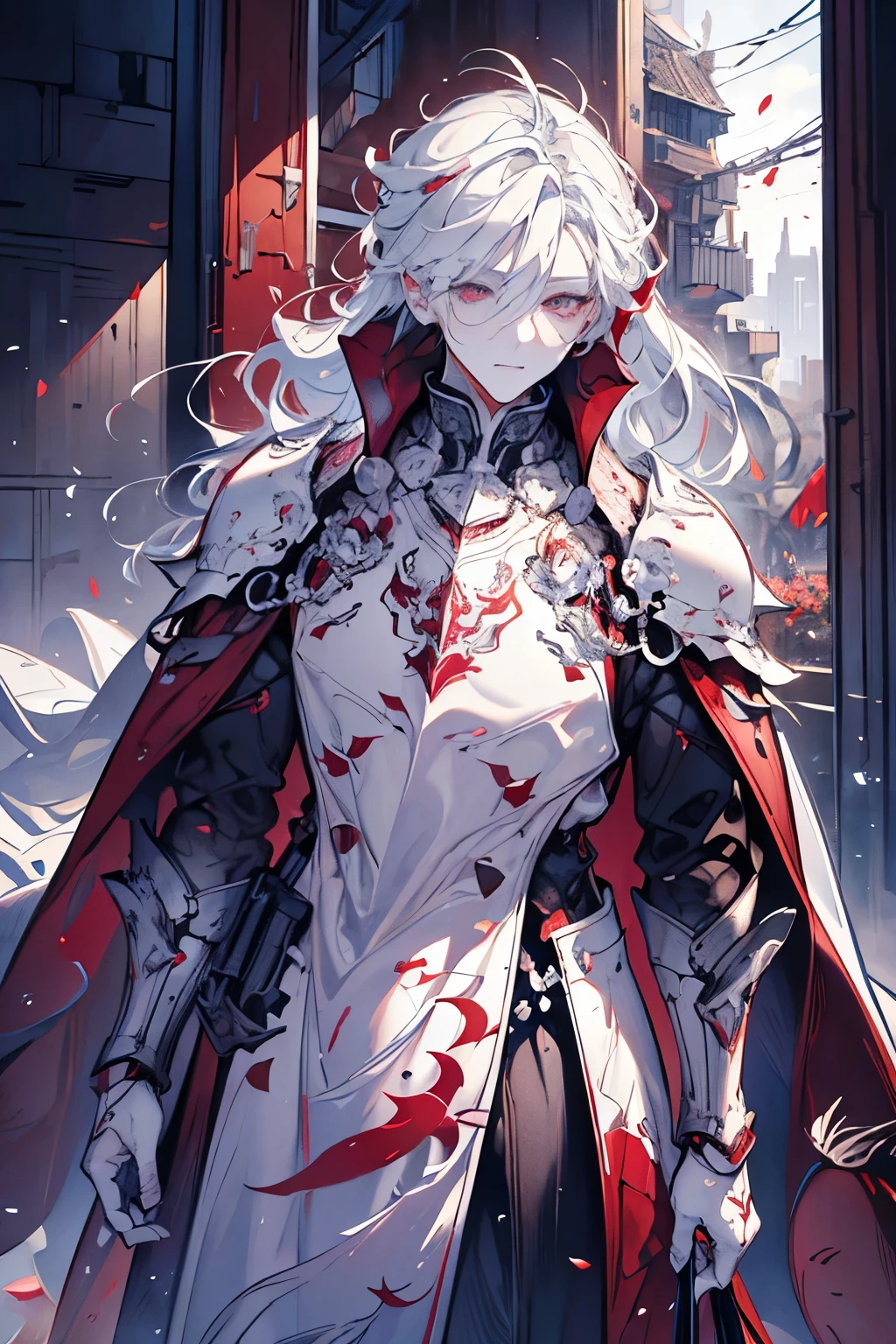 highres, masterpiece,highest quallity, ultra detailed, (detailed eyes), (detailed face), 1boy, illustration, white hair, red eyes, highest details, (luminous eyes), backlighting, (midriff:1.4), light rays, colorful,knight in armor, (wolfcut:1.2),(happy:1.2),looking at viewer,upper body,(white armor:1.3)