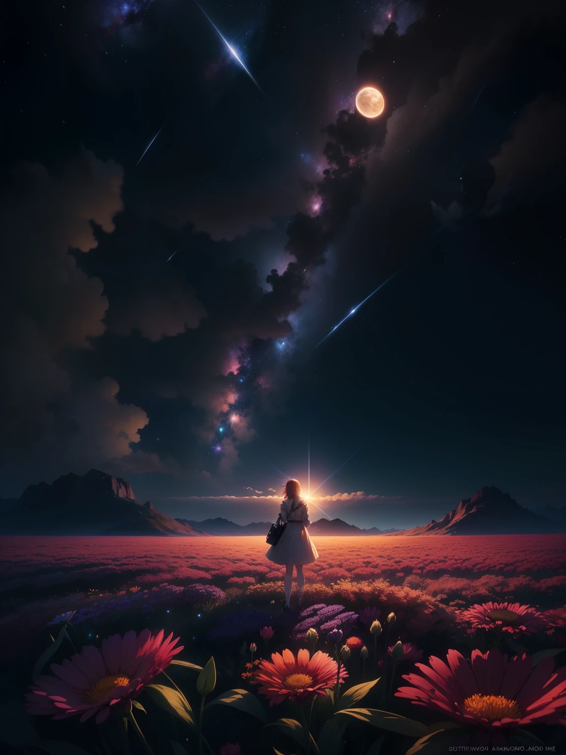 a woman standing in a field of flowers watching the stars, 4k anime wallpaper, amazing wallpaper, anime art wallpaper 8 k, anime wallpaper 4k, anime wallpaper 4 k, anime art wallpaper 4k, anime art wallpaper 4 k, endless cosmos in the background, beautiful iphone wallpaper, makoto shinkai cyril rolando, phone wallpaper hd, anime wallpaper