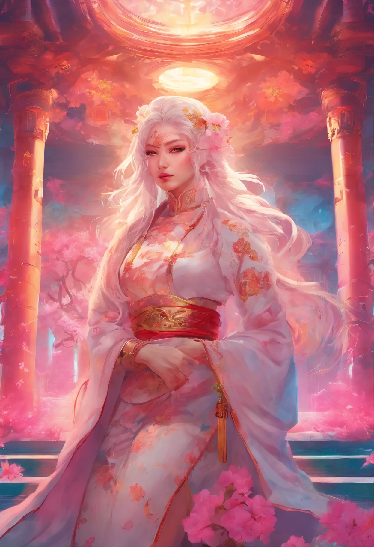 Most beautiful xianxia female protagonist,silver long hair and magenta eyes,soft smile like autumn,e cup breast,use majestic garmen with pink fillamen,silver pattern garment,held sword ,sword goddess,sword user,sword detailed,majestic aura,moon background,ace detailed,lips detailed,thin red lips,golden rune scratch at fore head,forehead detailed,better quality, masterpiece,24K ultra hd,super beautiful detail,goddess featuring
