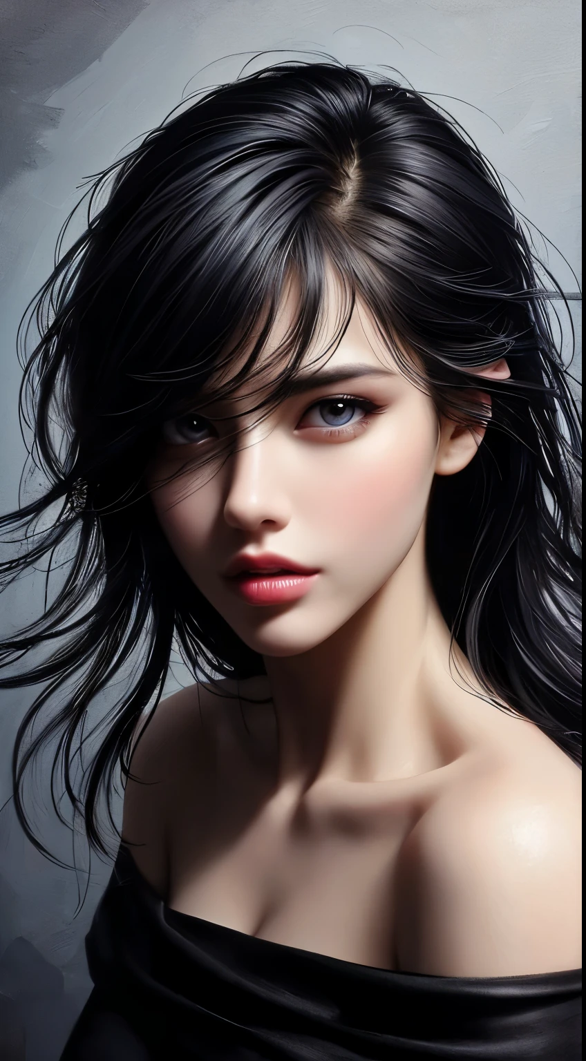 masterpiece, best quality, ultra-detailed, facing the camera head on, intricately detailed hyperdetailed, realistic, sharp features, highly detailed, sharp focus, perfect face, perfect face, perfect symmetrically perfect eyes, perfect full lips, flexible female form, cinematic, film light, hyper detailed, hyper realistic, masterpiece, atmospheric, high resolution, vibrant, dynamic studio lighting, nsfw, ((Dark background)), Sexy face, Facial expressions when receiving pleasure,  straight Bangs, Big breasts, Exposed cleavage, blue Eyes,black sweater,