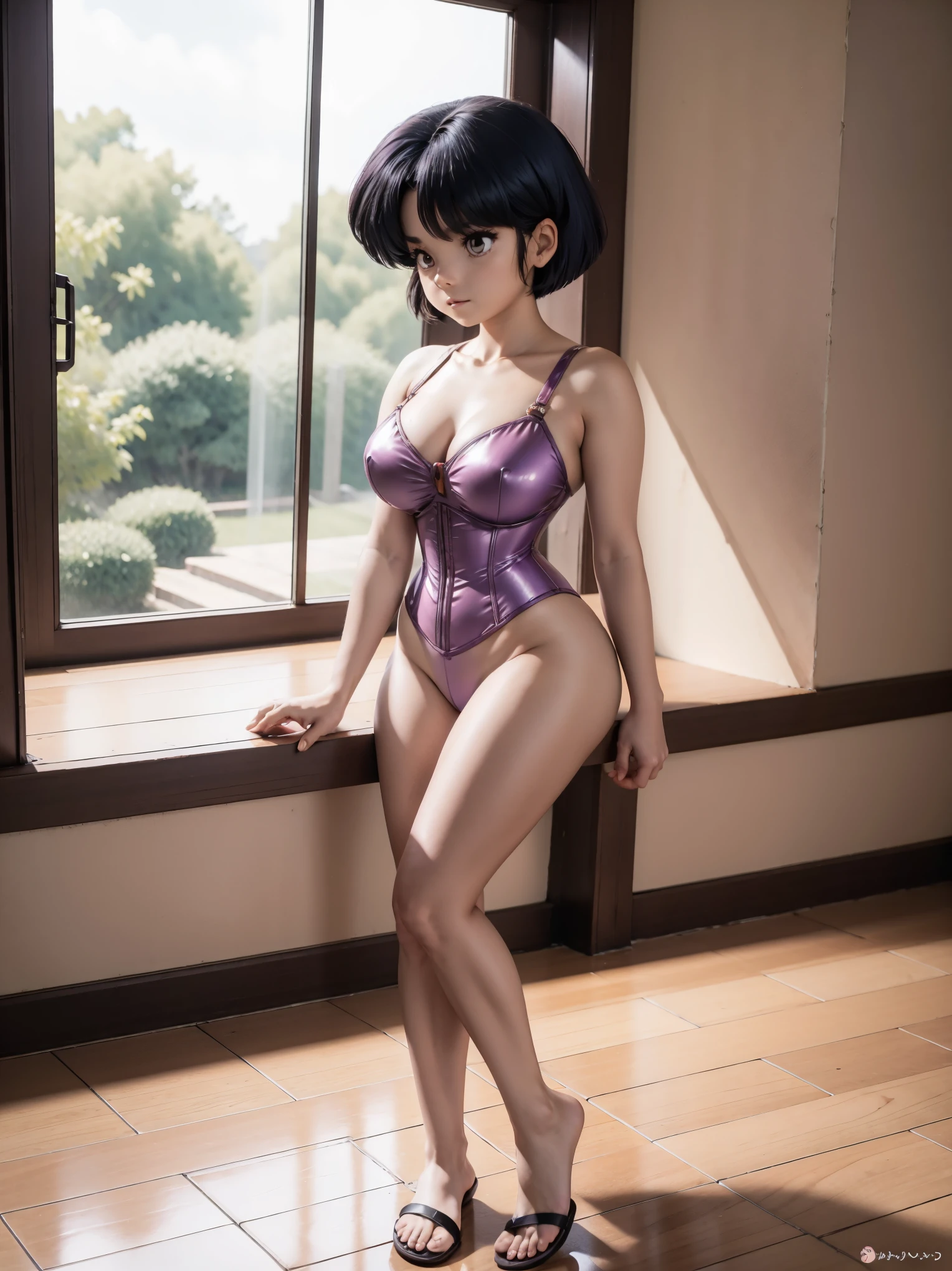 Dark hair anime girl with PINK swimsuit and corset, *******, corpo bonito, seios grandes, com as hands on chest, hands on chest, Garota sexy, purple cabelo, mechas de cabelo laterais, mechas de cabelo na lateral do rosto, beautiful lighting, sombras suaves, olhos azuis, pernas bonitas, cabelo curto, estilo anime, personagem Akane Tendo, Autora Rumiko Takahashi, Baseado em obra de Rumiko Takahashi, Anime Ranma 1/ 2, decote sexy, quadril robusto, corpo inteiro, corpo inteiro, busto grande, garota jovem com corpo belo e bonito, sandals on his feet, garota ******* jovem, usando maiô e corset COM CORES PINK E purple, garota anime, estilo anime, beautiful feet in sandals, 45° viewing angle, ao ar livre, peito grande, seios bonitos, cabelo preto, sandals on the feet, pernas bonitas, sexy, belas pernas, Sandalias, seios grandes, corpo completo, corpo inteiro, feet with sandals, realistic anime, saia, saia purple