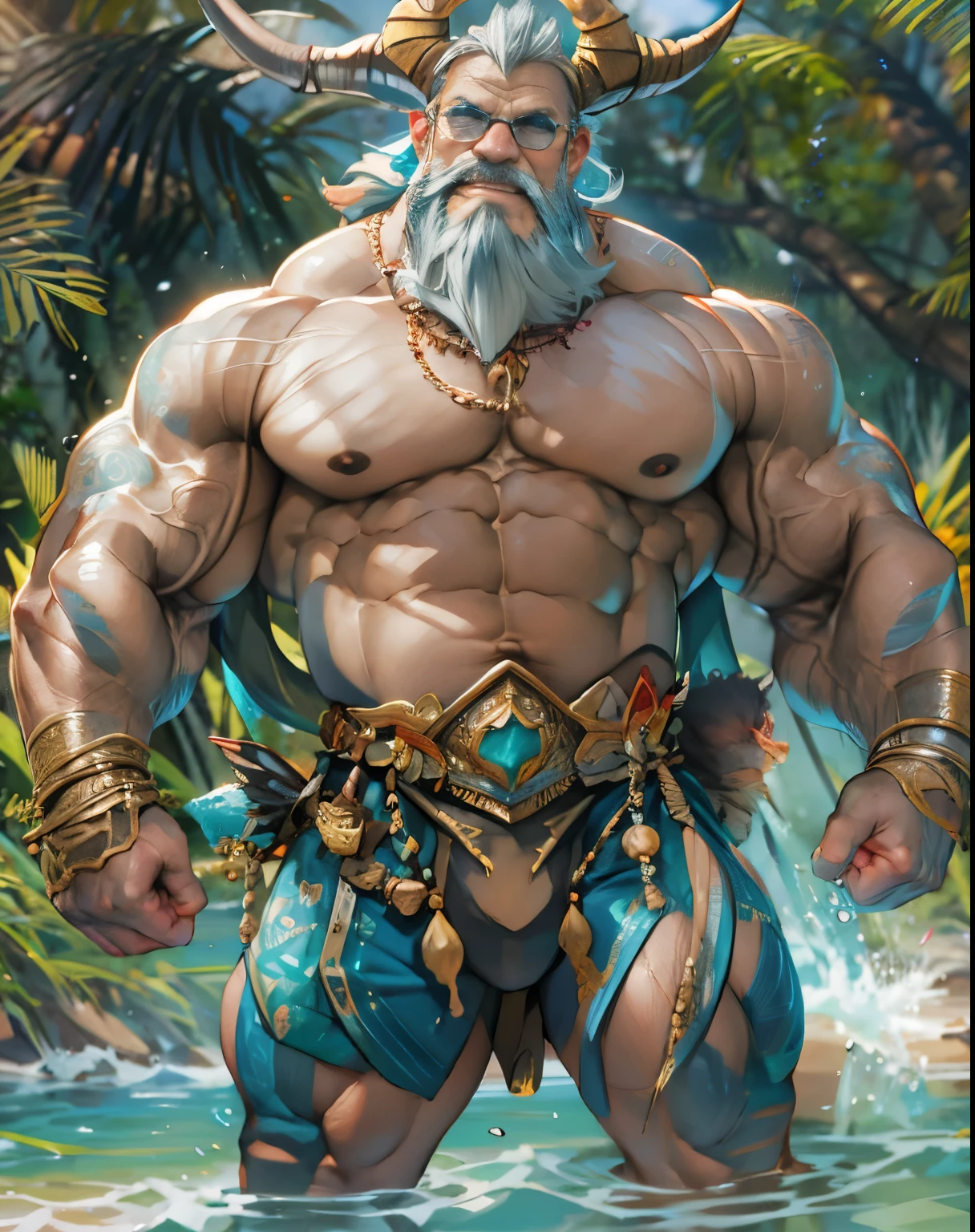 Powerful old warrior(king Triton), upper torso unveiled, lower body uncovered from thighs to feet, decorated with a beaded beard, wearing a  teal thong, latex, big bulging crotch, crotch in focus, almost nude, revealing armor, oiled up muscles, cascading long white curls, white beard, black eyebrows, tattoos on arms, meticulous muscle definition, lifelike depiction, 4K resolution. Background: Mythical fantasy landscape(beach) ,32k uhd, best quality, masterpiece, super detail, high details, almost naked, oiled up muscles glistening in the sun, tan skin, hipster glasses, full body visible, crotch in focus, big bulging crotch(!) , thong(!), tall and imposing, big dick, 