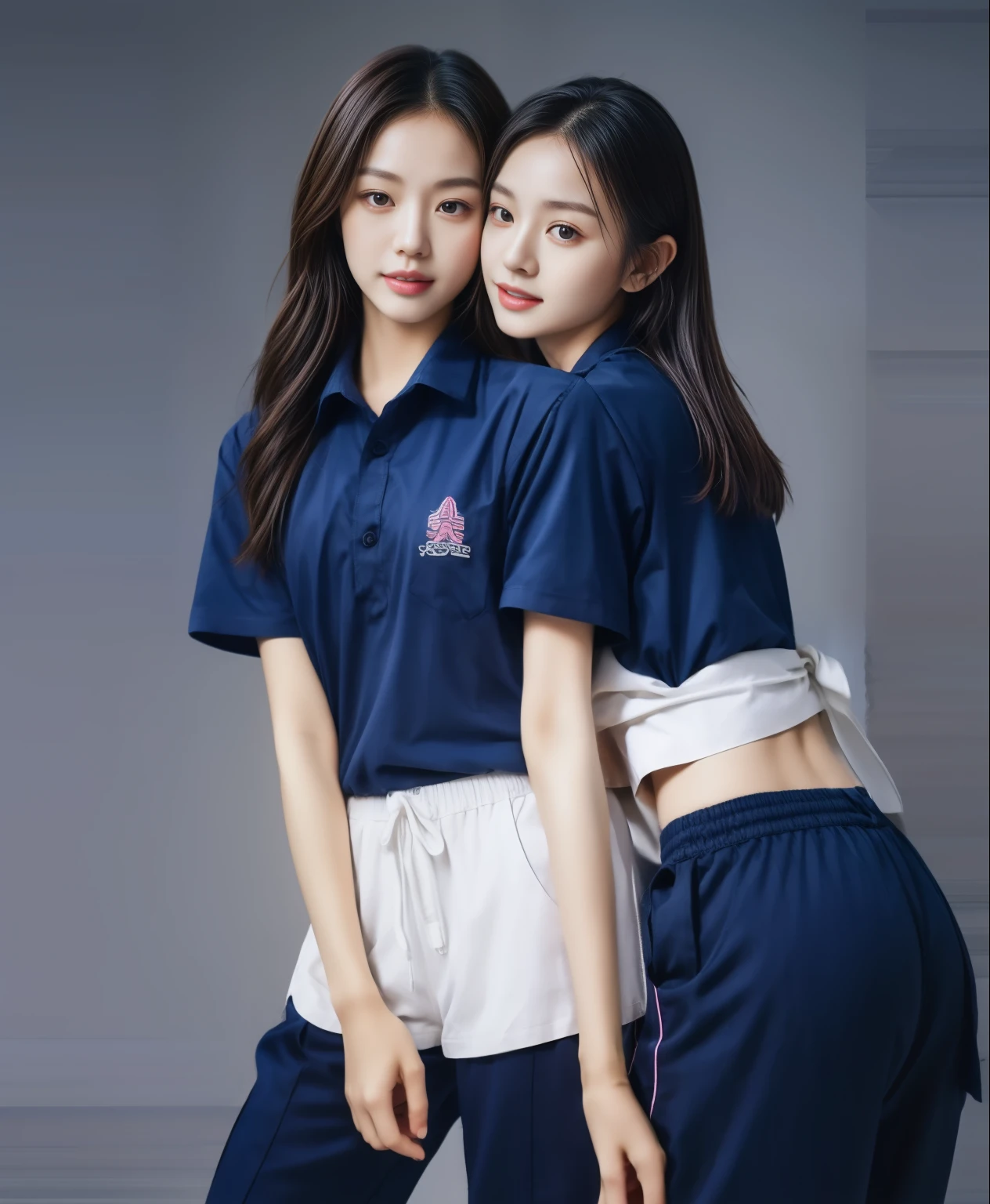 (best quality,10,10,height,Masterpiece:1.2),Special details,(realistic,ภาพrealistic,Realistic photos:1.37),1 Cute girl in the kitchen,shiny, ผิวshiny,only,smile softly,BDclothelue shirt:1.3)),short sleeve,shirt, กางเกงขาlong.,(navy_long_track pants:1.1), ((Kitchen Background)),Dynamic angle,excited,Face focus,dynamic poses,from behind,focus on ass,Masterpiece, best quality, ultra realistic, Too many details, 8k resolution, raw photos, Sharp focus, ((Navy blue shirt:1.1)), short sleeve, เส้นทางlong, perfect body, 2 mature women, 18 years old, Cinema-grade lighting system,blue sweatpants,shirtผ้าออกกำลังกาย,correct anatomy,perfect body, correct body, Sharp face, correct bodyทางกายวิภาค, full body, realistic gestures, long-haired, realistic poses,Wear long shorts...........................,ช่วงขาlong,Good shape,carved girl, Slender figure, model, Good shape, beautiful body,blue sweatpants, two girls kissing