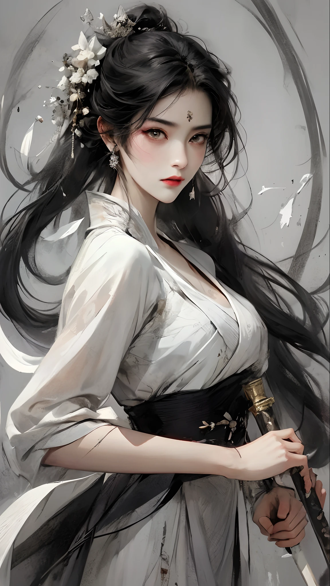 A bust of a woman with black hair and black eyes, a woman, serious expression, holding a weapon, attack action, dynamic composition, head down, hanfu, White clothes, icy look in the eye, loose hair, (ink smudges) beautiful figure painting, Clothing black and white ink style, Delicate complexion, watercolor, light color, martial arts style, ethnic style, Exquisite and beautiful face, girdle, sharp vision