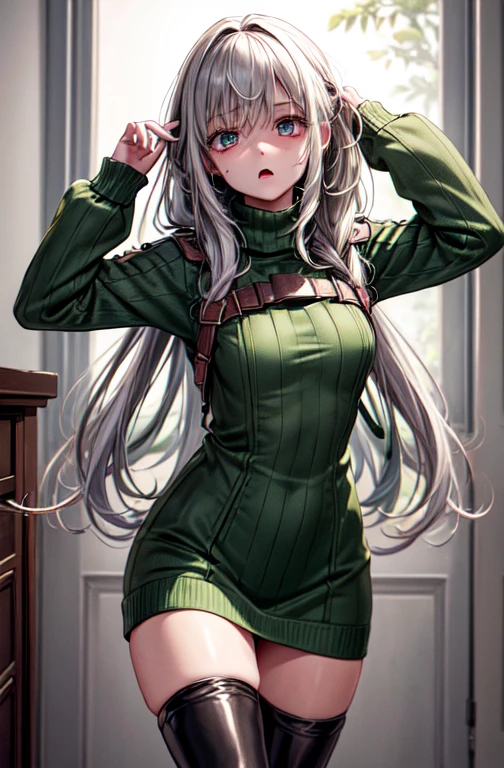 masterpiece, cute, young, long hair, best quality, in zombie home, ((worried ..expression)) ,1girl, RE4, green military sweater dress, turtleneck, ribbed sweater, thigh high boots, harness, best quality, masterpiece, highres gorgeous design, best quality