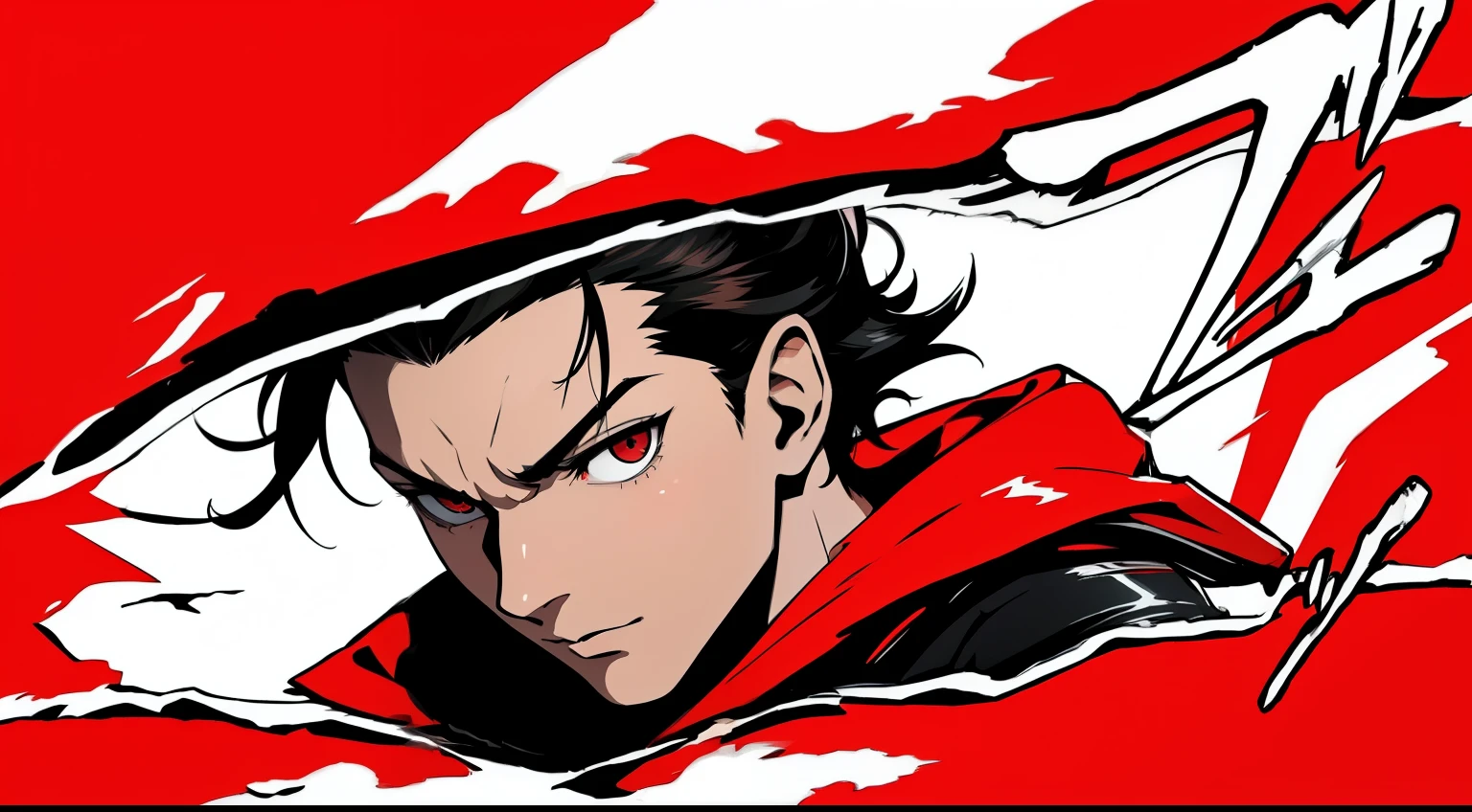 masterpiece, best quality, simple background, finely detailed, 1boy, black hair, red eyes, grey jacket, red t-shirt, Face focus, Persona 5 Art Style, {red streaked hair, messy hair, zarya haircut}