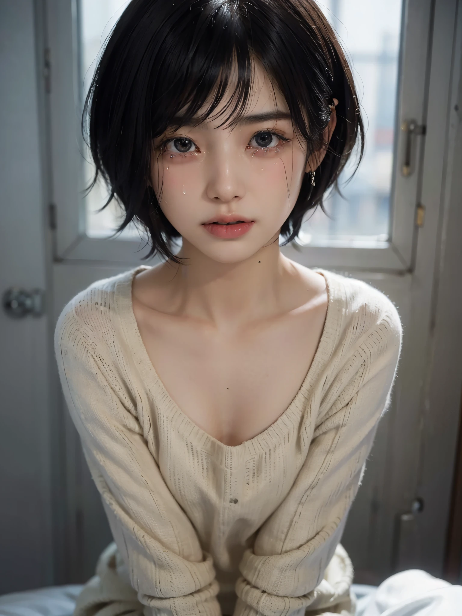 ((masterpiece, highest quality, Super detailed, High resolution, photorealistic, sharp focus, cinematic lighting)), (1 girl),(crying:1.3), (tears are dropping:1.3), bust shot, beautiful face, realistic face、(black hair, boyish short hair, cropped cut, cropped)、beautiful hairstyle, realistic eyes, detailed and beautiful eyes, realistic skin, beautiful skin, sweater, disorganized, Charm, golden ratio