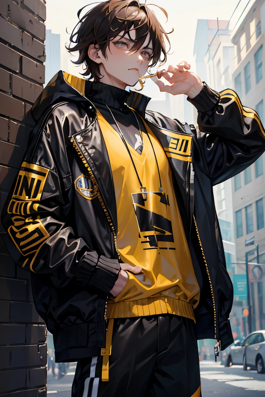 1boy, male, mid-20s, brown hair, messy hair, gold eyes, eye bags, black and gold jacket, sporty jacket, smoking a cigarette, glaring, fully body, goth