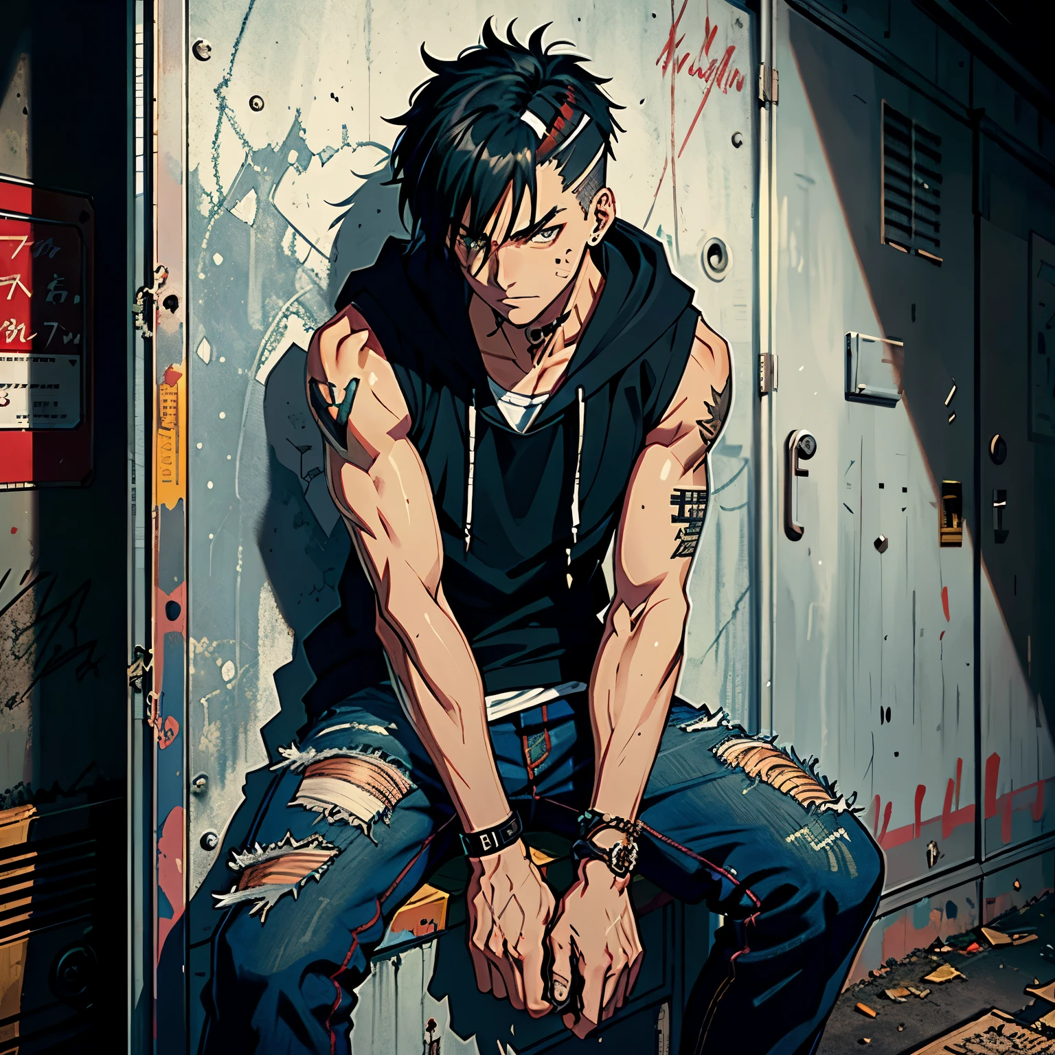 (Masterpiece), Anime School Setting, Bad Boy Character, Class Scene:1.5,
Detailed Anime Style, Dramatic Atmosphere, (Rebel, Edgy), Wearing Sleeveless Hoodie, Denim Jacket, Torn Jeans, Studded Bracelets, sneakers,
(Tousled Hair, Defiant Expression, Brooding), (Naughty Smirk, Leaning against Wall), Chewing Gum, Casually Leaning against Lockers,
(Detailed Background:1.0), Abandoned Corner of the School, Graffiti on the Walls, Rusty Locker, Peeling Paint,
(