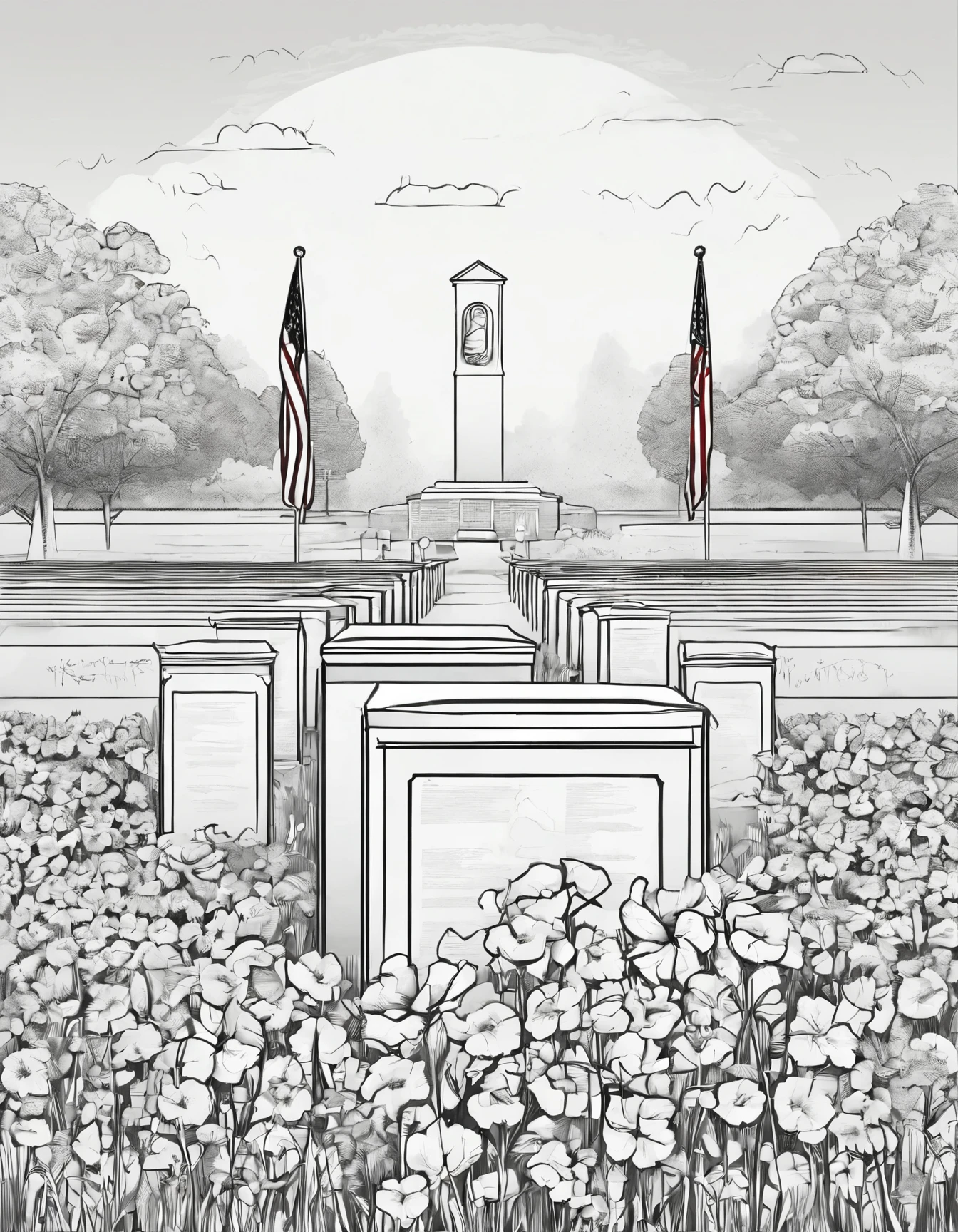 Gravesite Tribute: A solemn moment at a gravesite with flowers and flags, honoring the fallen heroes.