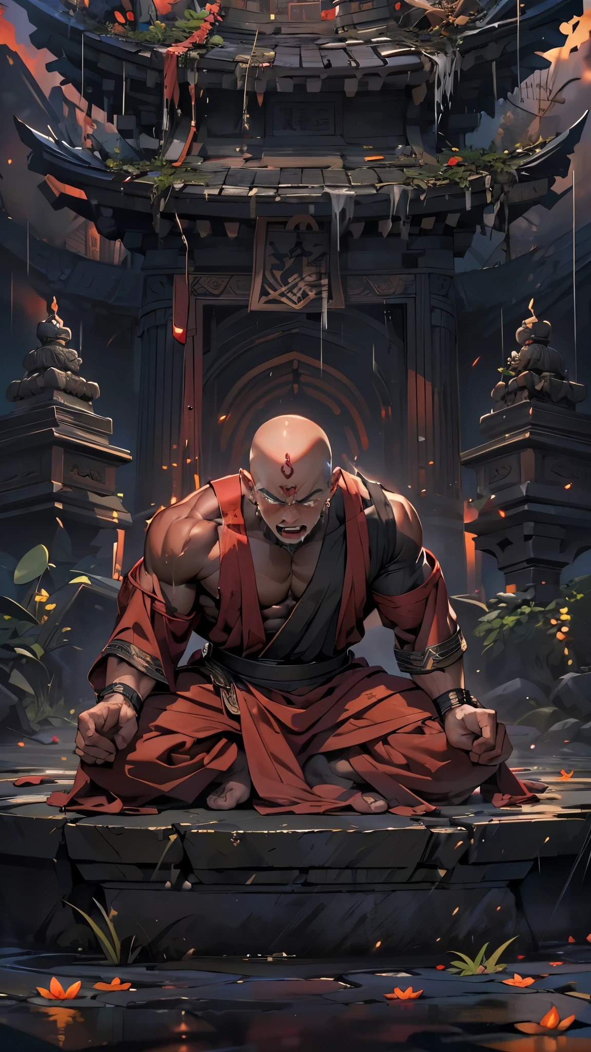 (masterpiece, best quality, Bald monk, 8K, Super detailed), (Upper body, angry eyes, open mouth), 1 bald monk, alone, Muscular monk sitting cross-legged on a black stone platform，Naked from the waist down，dark skin，Close your eyes，(Looking up to the sky and crying bitterly，Tears poured down),((cry bitterly，angry sad expression，angry cry))，（(On the forehead((swastika)）Word symbols glowing red)), facial close-up，（(The effect of exploding the muscles of the whole body with great strength)), He cried in pain:1.2), (abdominal muscles), (Chest), (upper arm), damaged cassock, (topless male), A person with a martial arts stance, moving body, kneeling position, black stone lotus，collapsed buddha statue，Dead maiden，(Thunderstorm night)，heavy rain