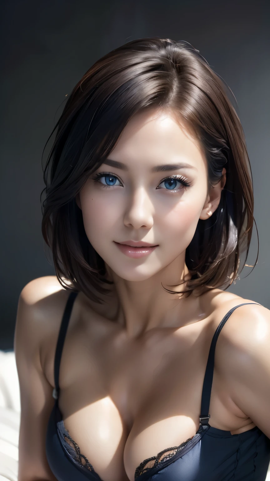 (In 8K, highest quality, masterpiece:1.2), (realistic, Photoreal:1.37), Super detailed.skin tight top:1.2, looking at the viewer, cinematic lighting, perfection, soft light, high resolution skins:1.2, realistic skin texture, ２０age、（small face）、（slender body）、No makeup、, off shoulder,bust B cup、 exposed cleavage, blue eyes, short hair, dark brown hair、full nude、gray background、lie down in bed、Pussy、pubic hair、masturbation、a feeling face、white teeth