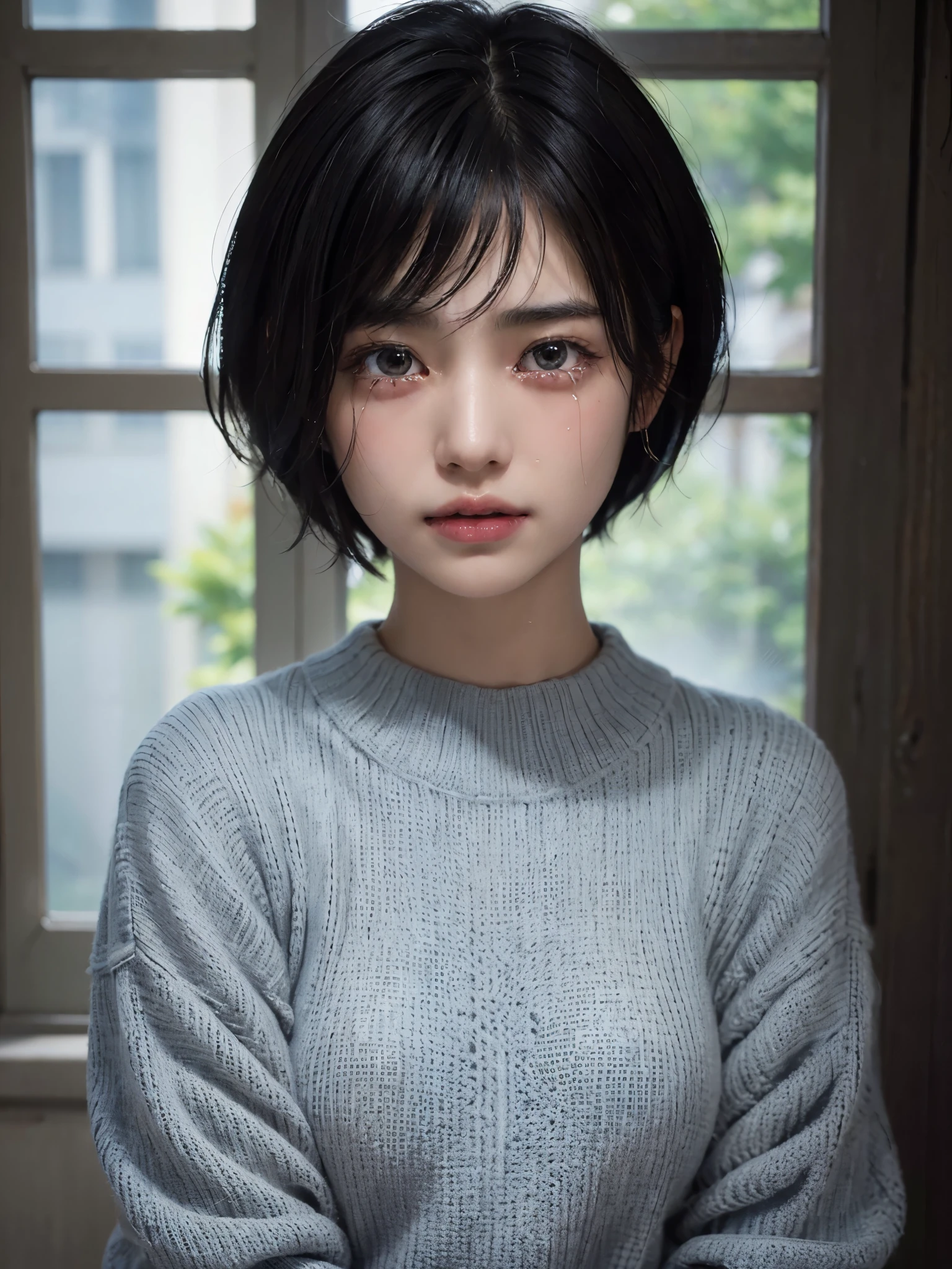 ((masterpiece, highest quality, Super detailed, High resolution, photorealistic, sharp focus, cinematic lighting)), (1 girl),(crying:1.2), (tears are dropping:1.2), bust shot, beautiful face, realistic face、(black hair, boyish short hair, cropped cut, cropped)、beautiful hairstyle, realistic eyes, detailed and beautiful eyes, realistic skin, beautiful skin, sweater, disorganized, Charm, golden ratio