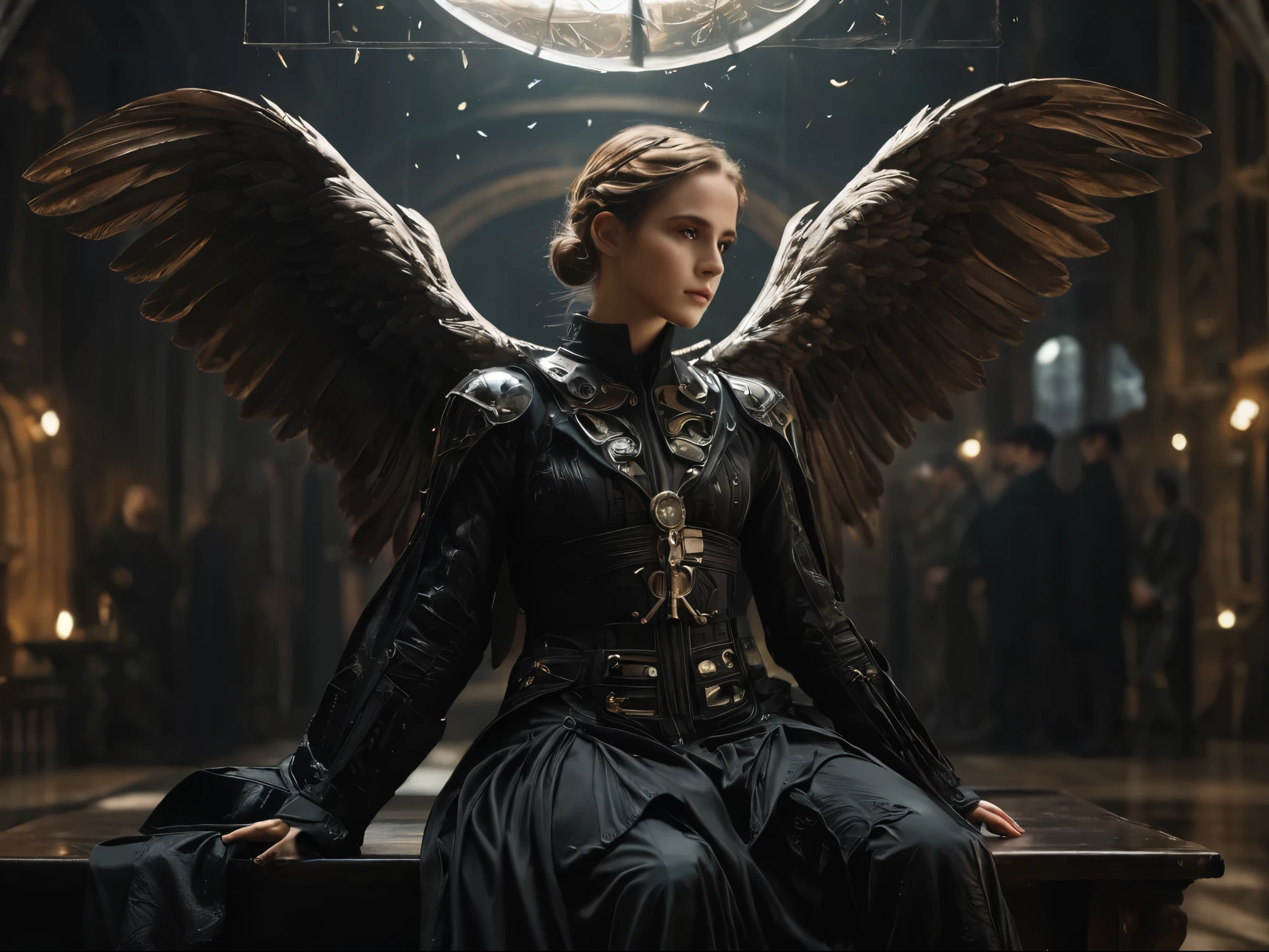 hay una mujer sentada en un banco con alas en la cabeza, steampunk angel, angel knight gothic girl, villainess has black angel wings, Frame from a fantasy movie, like a mystical valkyrie, angel, imogen poots como un guerrero santo, Victorian science fiction inspired, foto promocional, por Aleksander Gierymski, emma watson as an angel