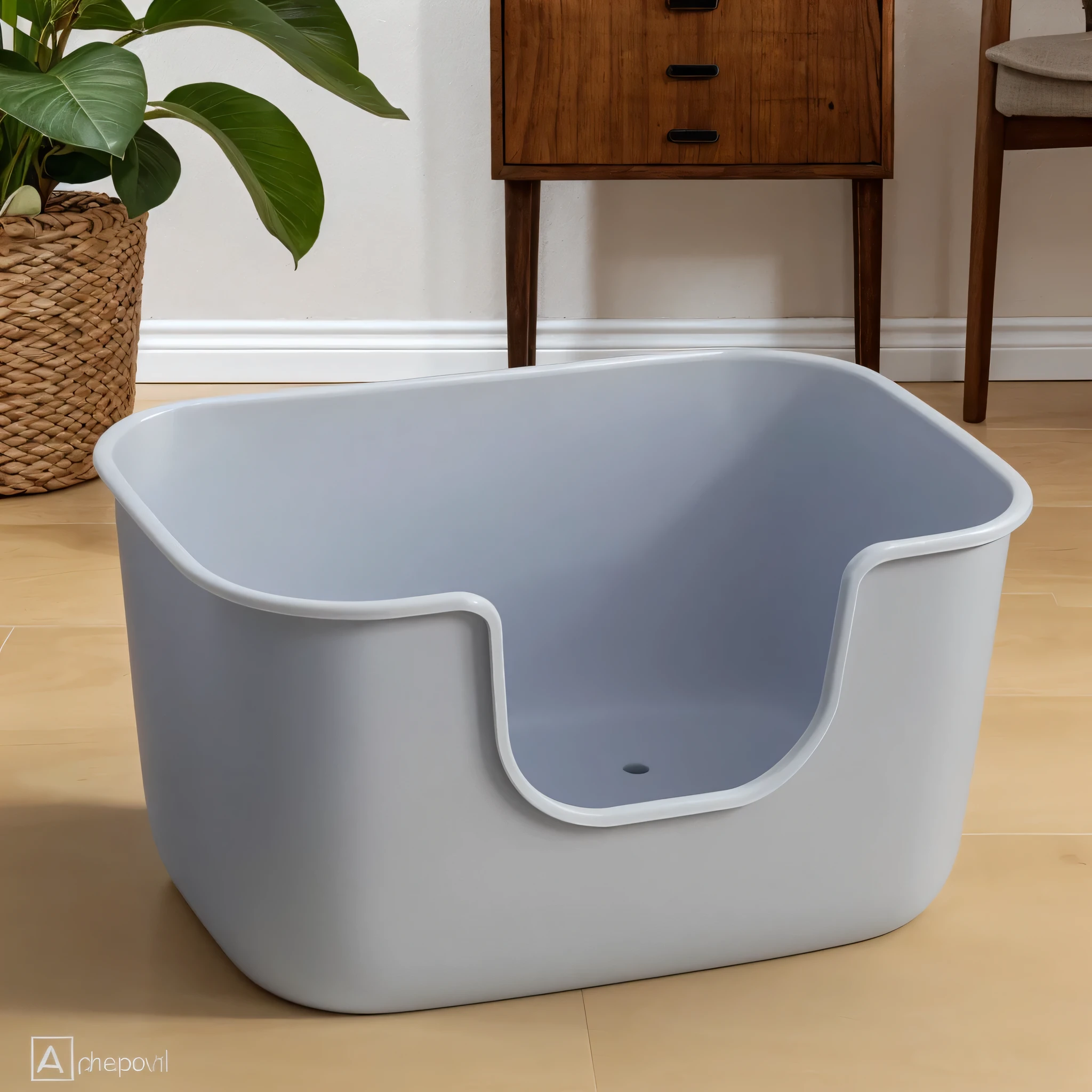 地板上有一个grey猫砂盆, product photo, full length view. 灰色plastic, Product introduction photos, Big deal)}], detailed picture, Official product images, solid grey, greyish, bottom corner, Product introduction photoss, PP, grey, blue grey, flat, bowl, plastic, Box，Natural light，natural tones，textured，advanced，Properly blur the background，Highlight the product，actual，photography，wooden floor，Large aperture，blurred background