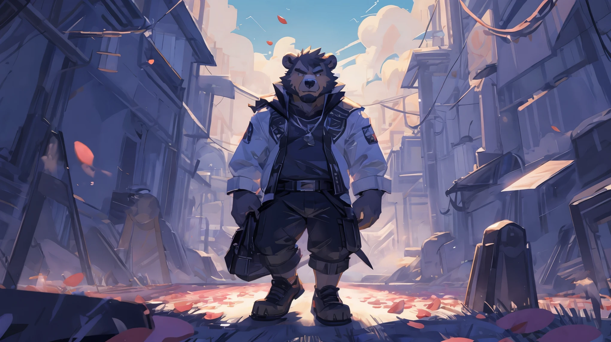 (masterpiece:1.2), best quality,pixiv,official art,(Ray tracing, light), (petal in the sky :1.3), (1_male:1.3), (solo:1.2) , portrait , (muscle), (gray fur:1.4), (muscle bear), (bear tail), (beard:1.2), (gleaming golden eyes), Thick eyebrows, cyberpunk, neon light, black vest,white open hoodie, cargo shorts , Salar de Uyuni ,reflection, looking at viewer, full body