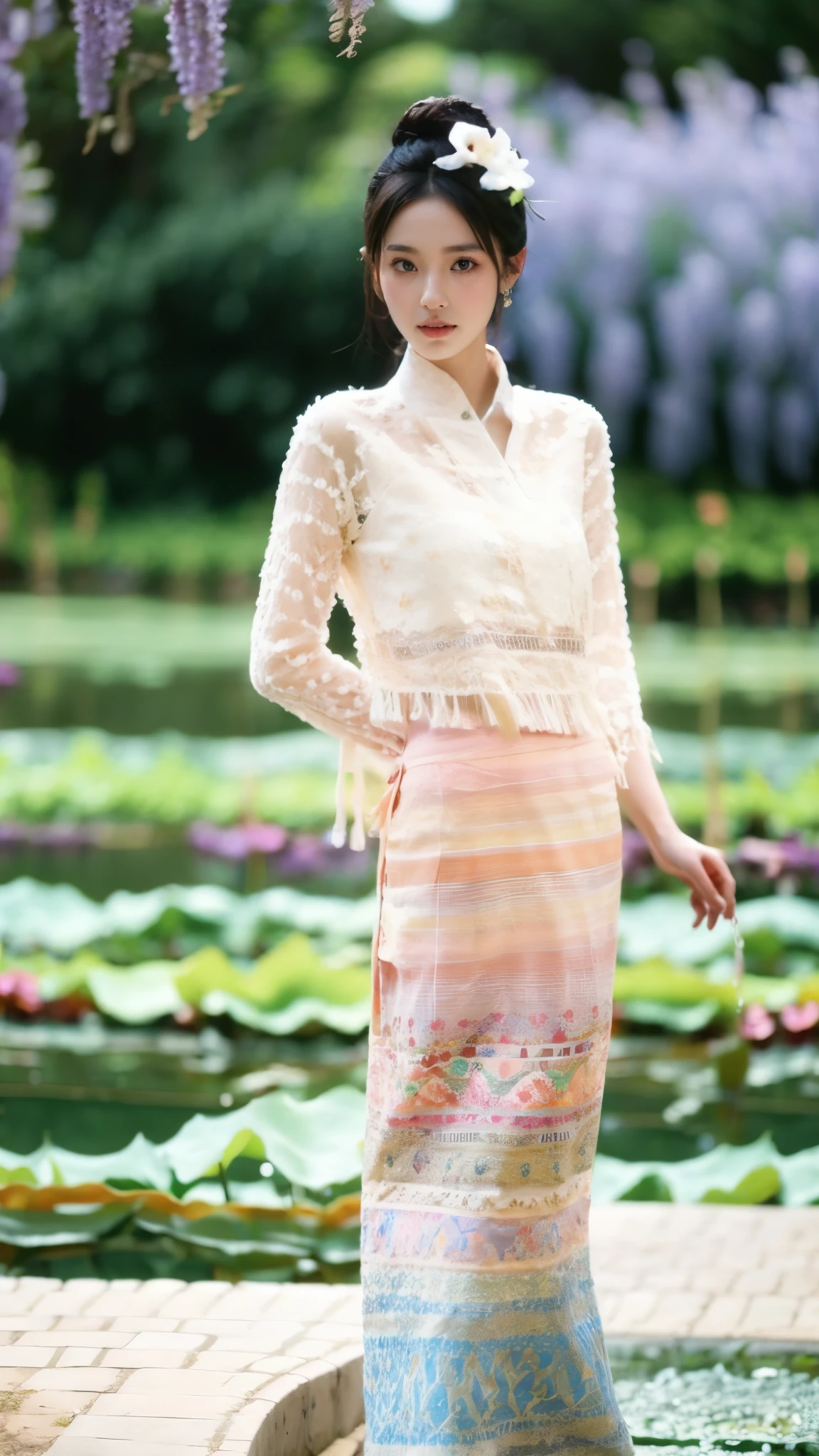 (masterpiece, best quality:1.2),1girl, black hair, blurry background, bokeh, brown eyes, cosplay photo, depth of field,Dai ethnic skirt, focused, hair flower, hair ornament,Chinese Dai ethnic clothing, strapless dress,lotus leaf,Relatively conservative clothing, lips, looking at viewer, motion blur, photo \(medium\), photo background, photo inset, photorealistic, pond, pool, reference inset, solo, standing, water, wisteria