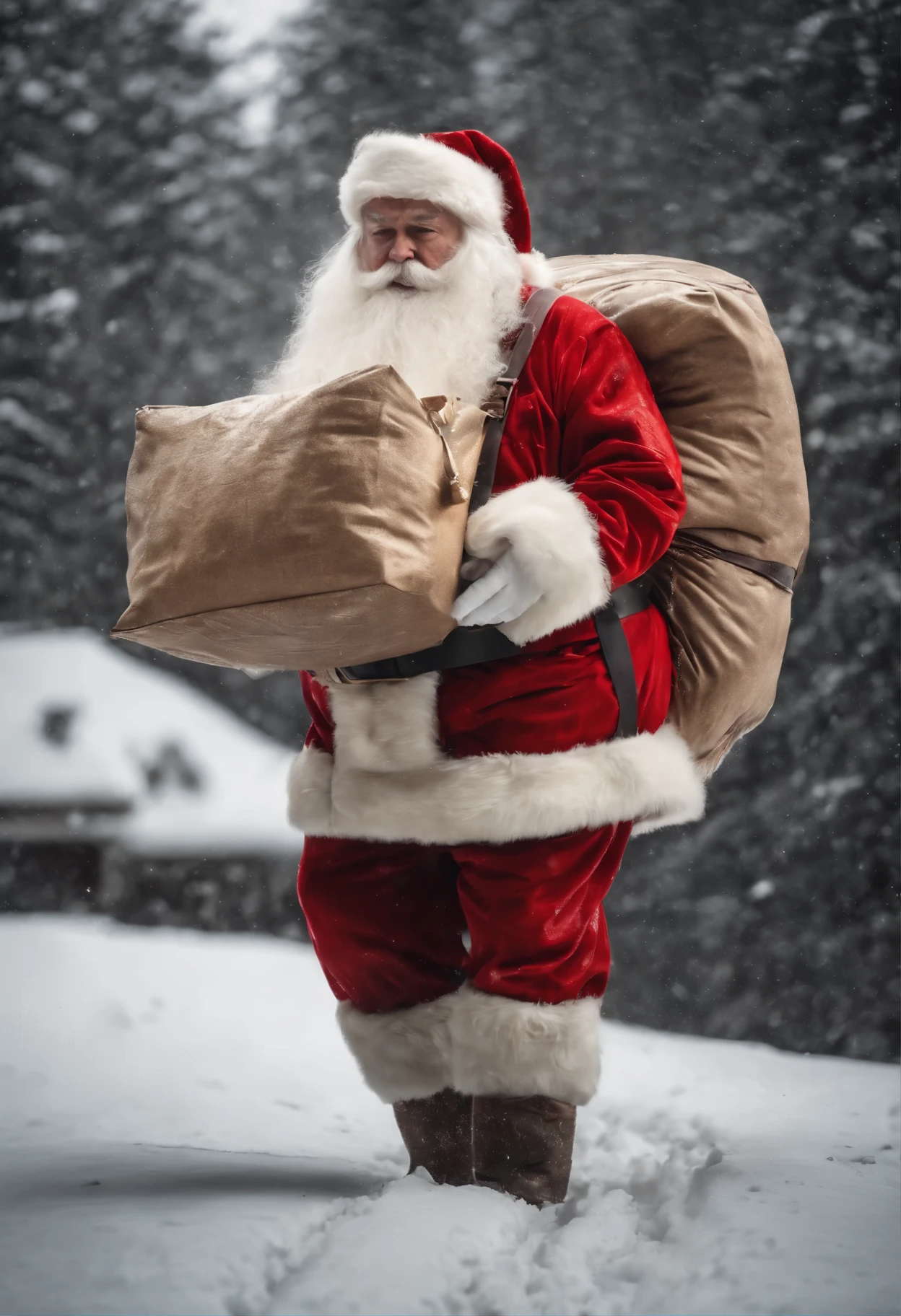 Santa Claus drags a huge bag of gifts on his back